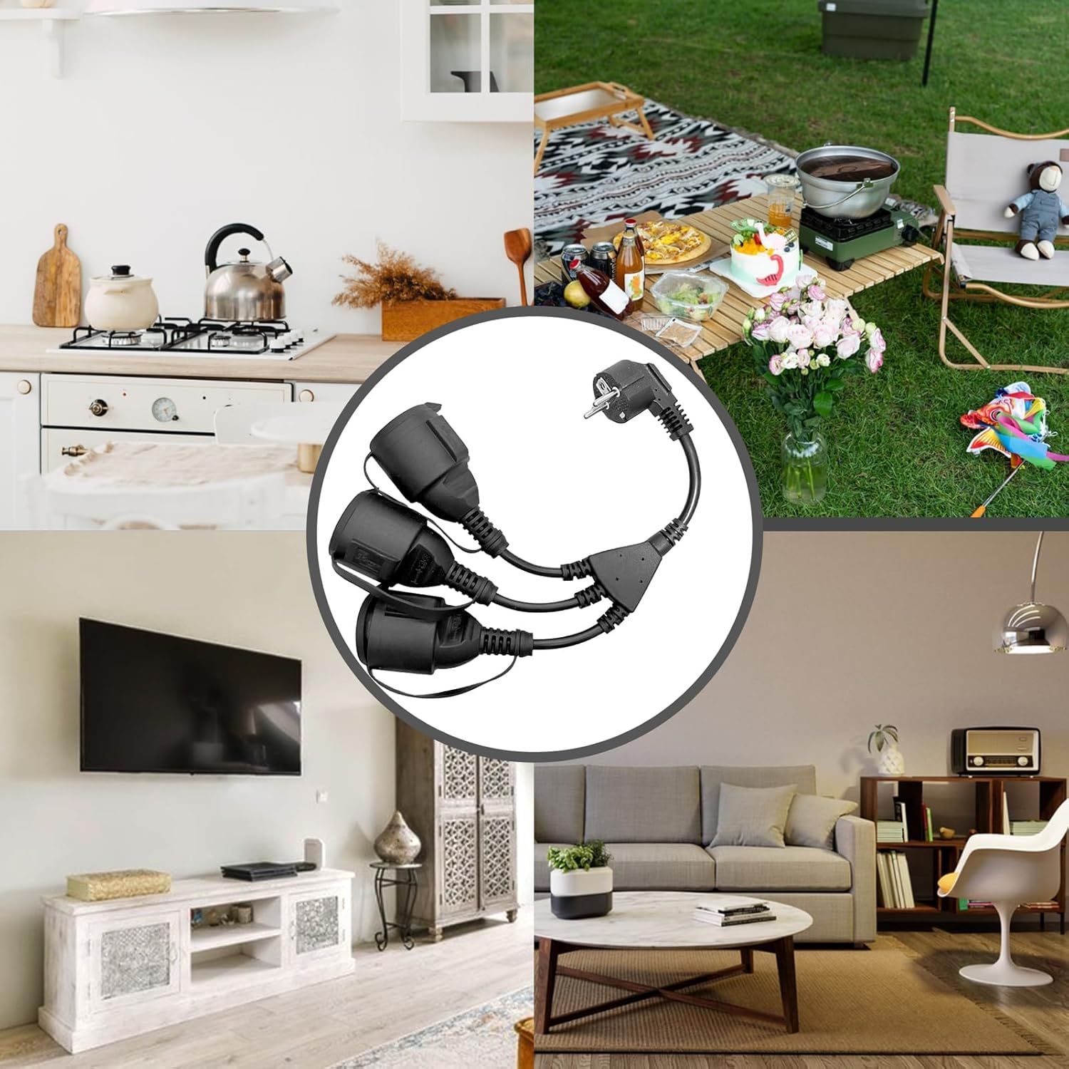 Collage: Küche, Camping, Wohnzimmer & Steckerverteiler.