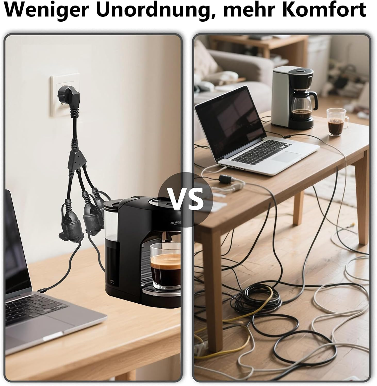 Linke Seite: Kaffeemaschine mit Laptop und Steckerleiste. Rechte Seite: Chaos aus Kabeln.