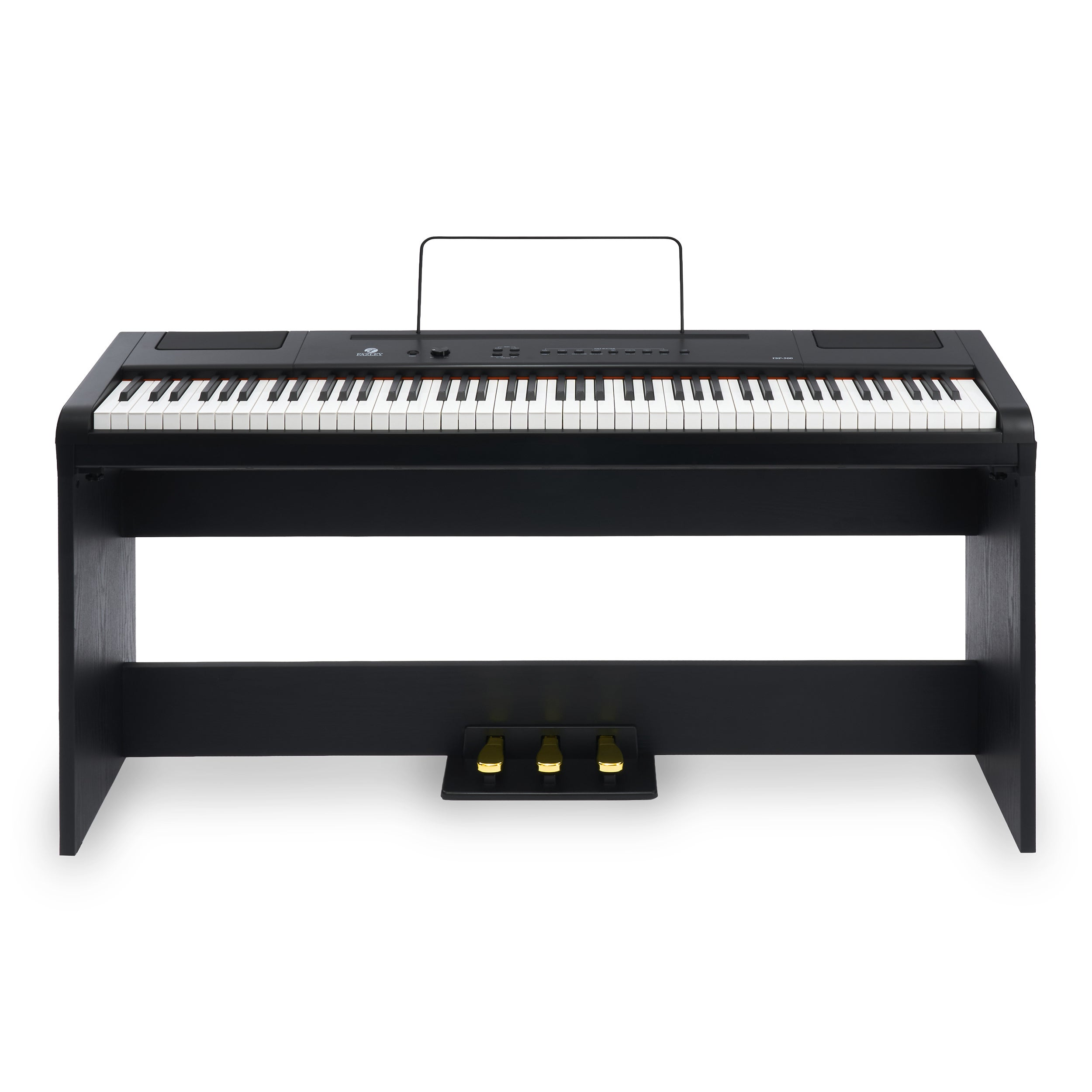 Een zwart digitaal piano met muziekstandaard en drie gouden pedalen.