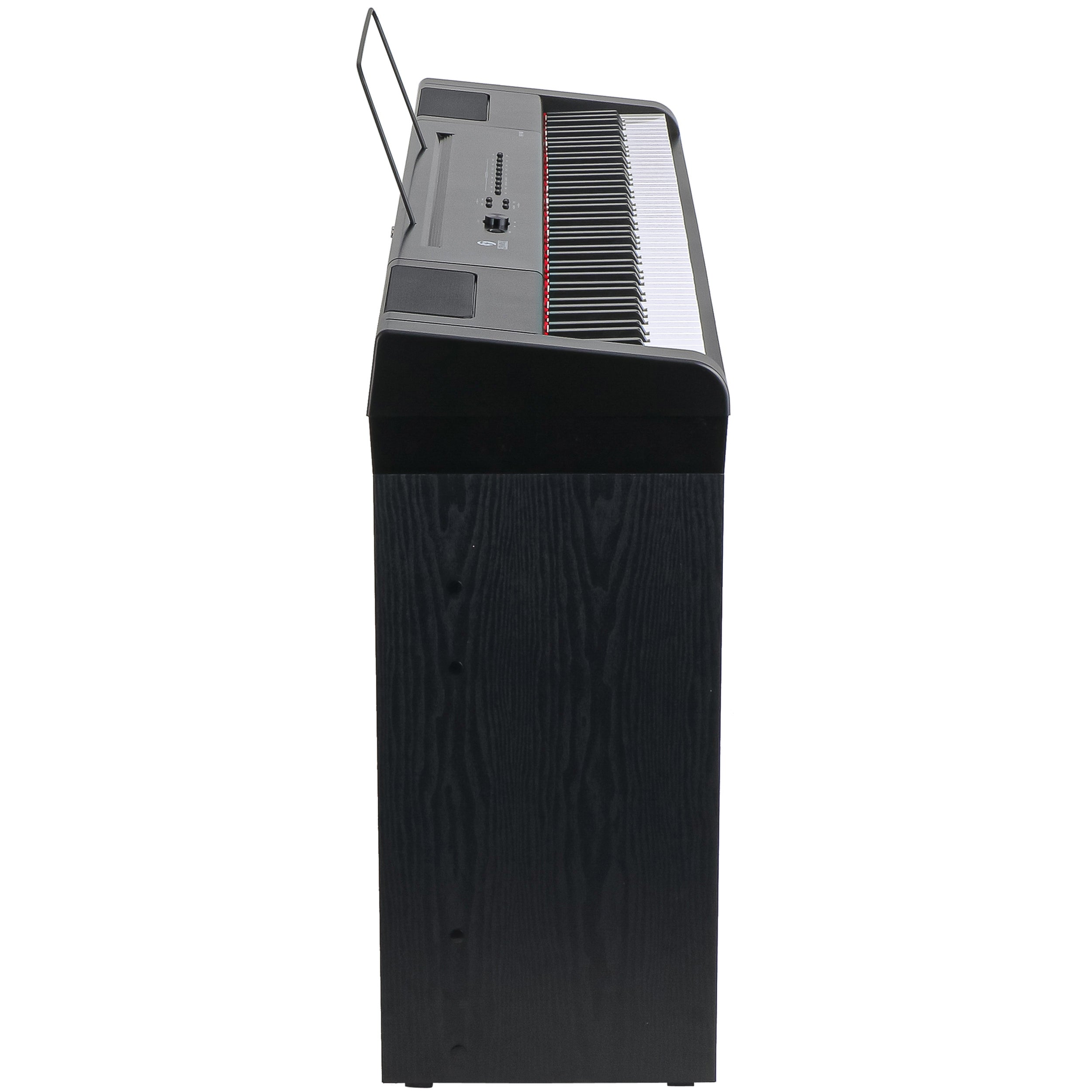 Een grijze digitale piano op een zwarte houten standaard met muziekrek.
