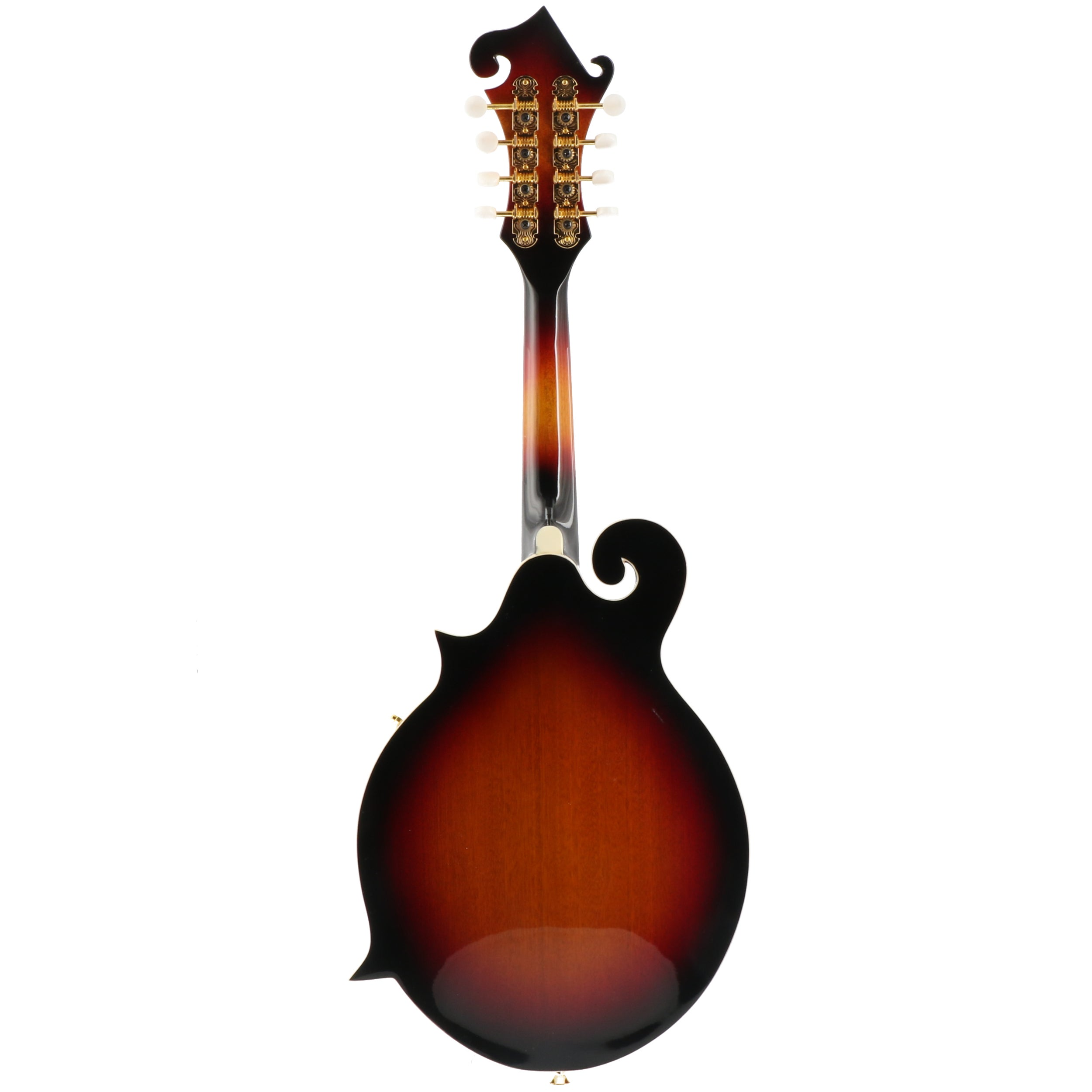 Achterkant van een mandoline met sunburst-afwerking en gouden hardware.