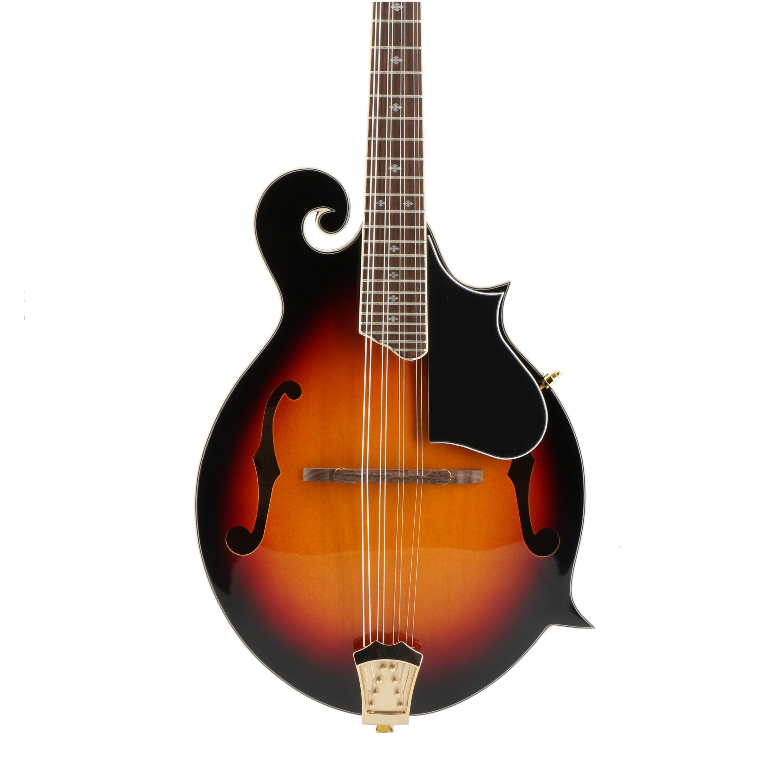 Een sunburst mandoline met f-gaten en zwarte biezen.