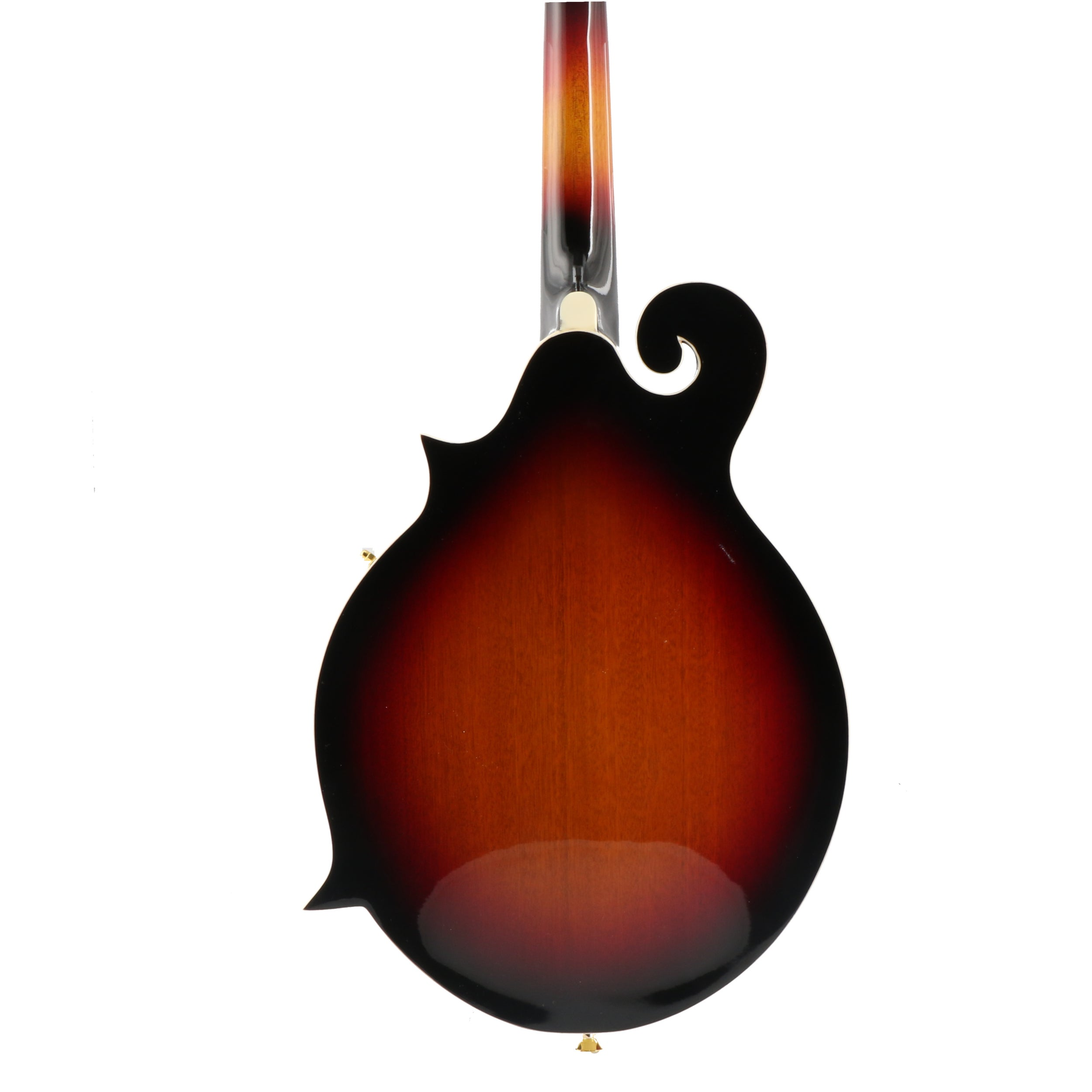 De achterkant van een mandoline met een sunburst-afwerking, met donkere randen die overgaan in een warm bruin midden.