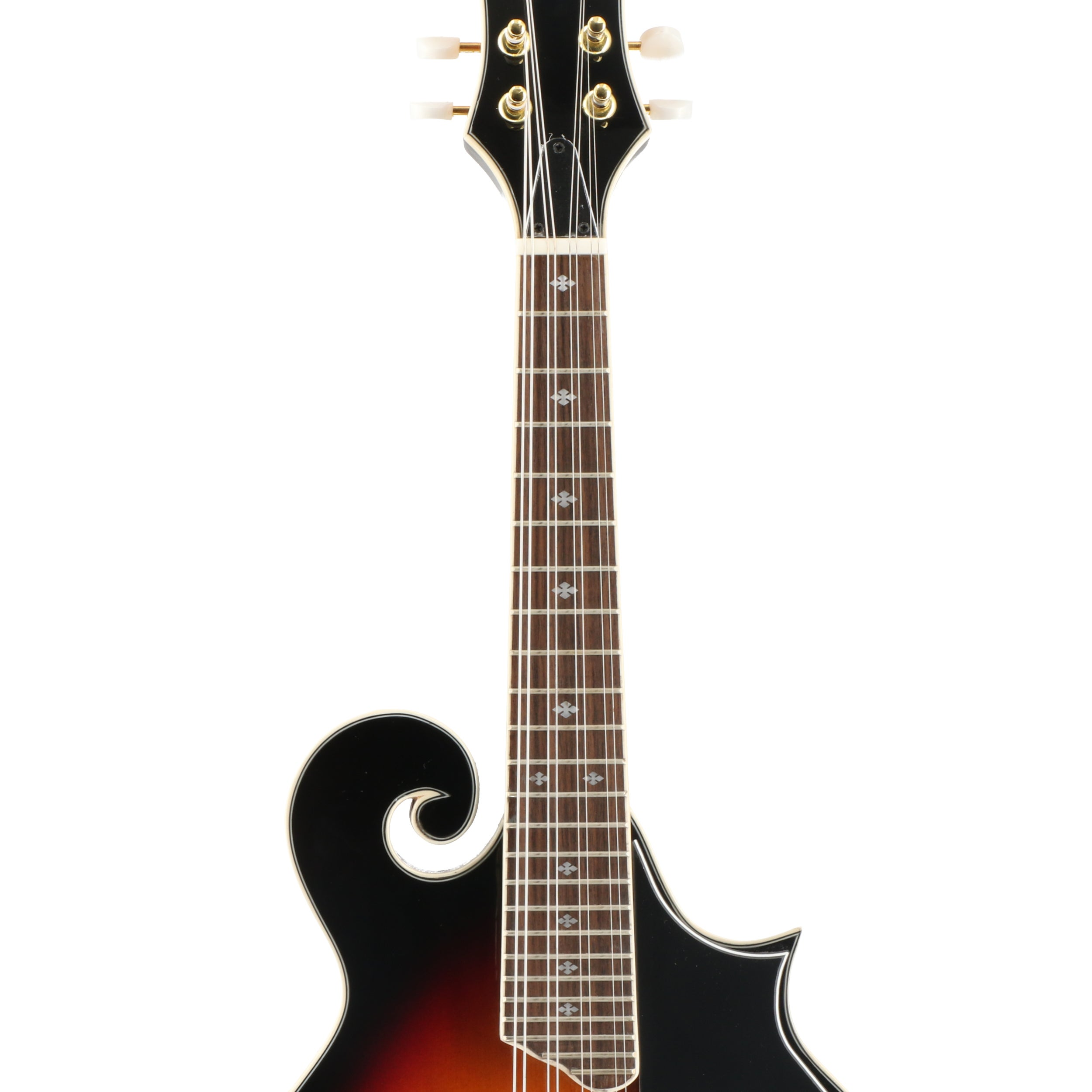 Close-up van een sunburst mandoline kop, hals en toets met witte inleg.