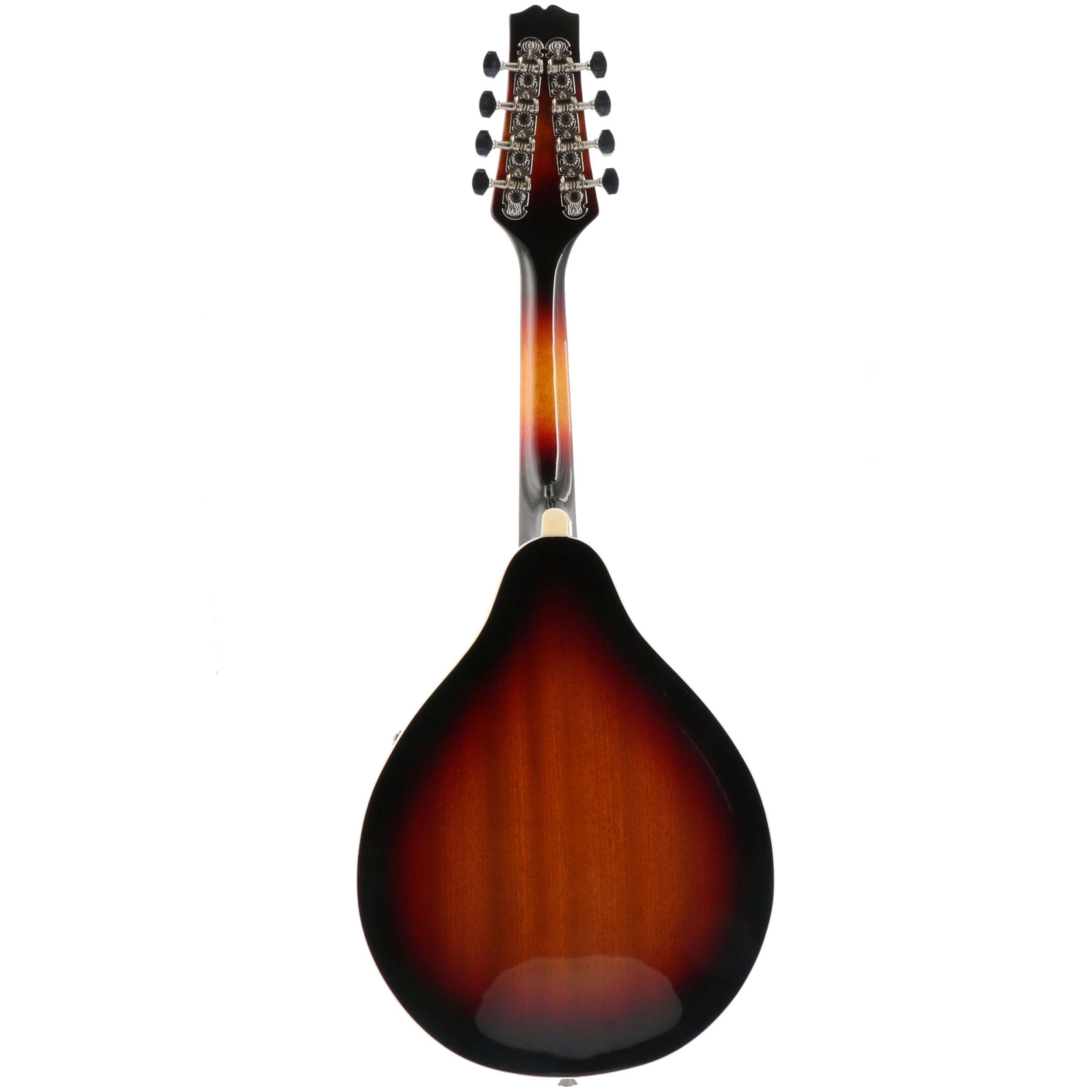 Achterkant van een sunburst mandoline met chromen stemmechanieken en donkere hals.