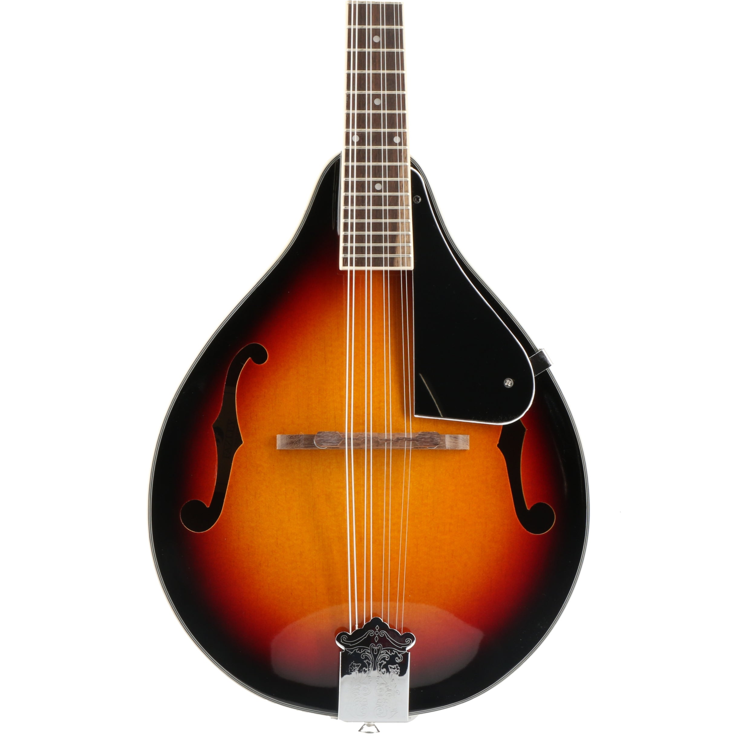 Mandoline met sunburst afwerking, zwart slagplaat en chroombeslag.