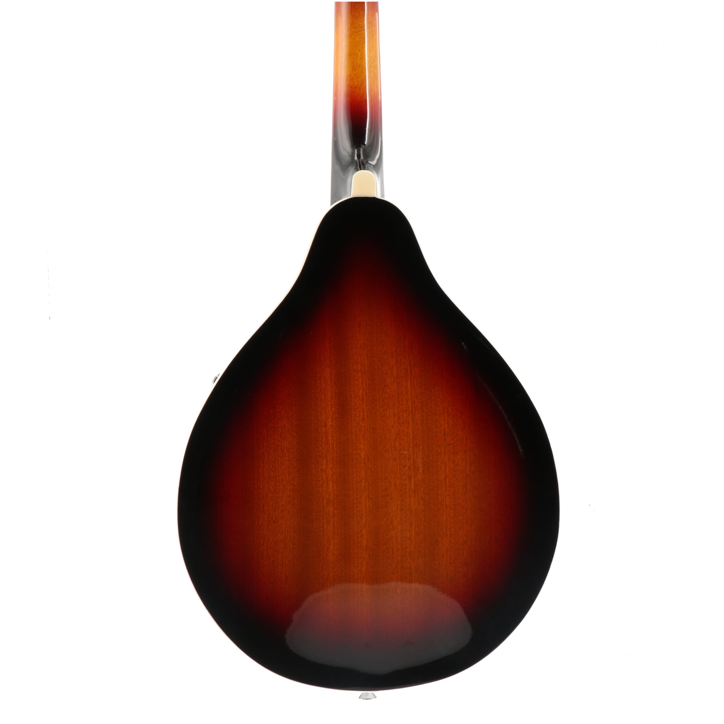 Achterkant van een mandoline met sunburst afwerking en houtnerf.