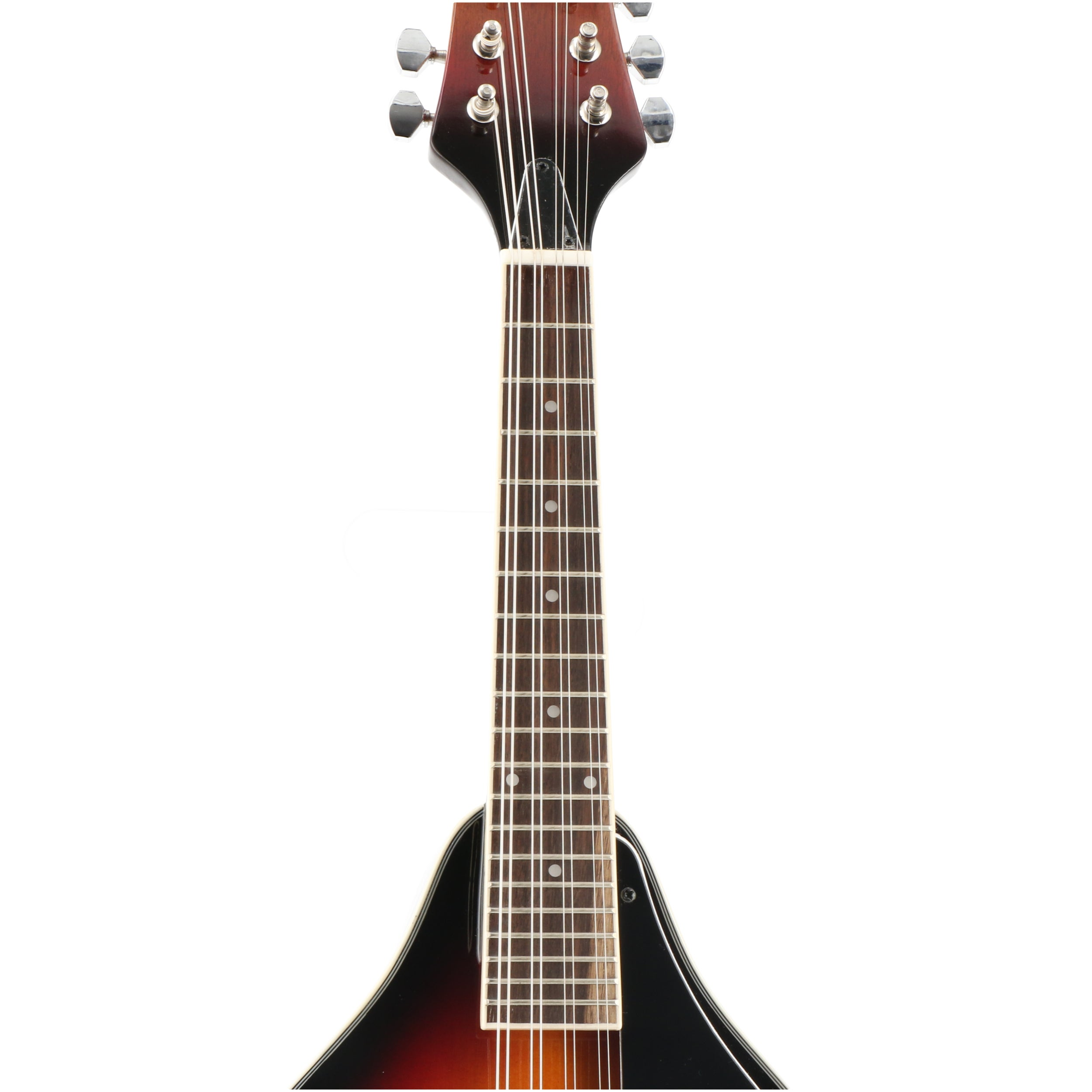 Een mandolinehals met stemmechanieken, frets en snaren op witte achtergrond.