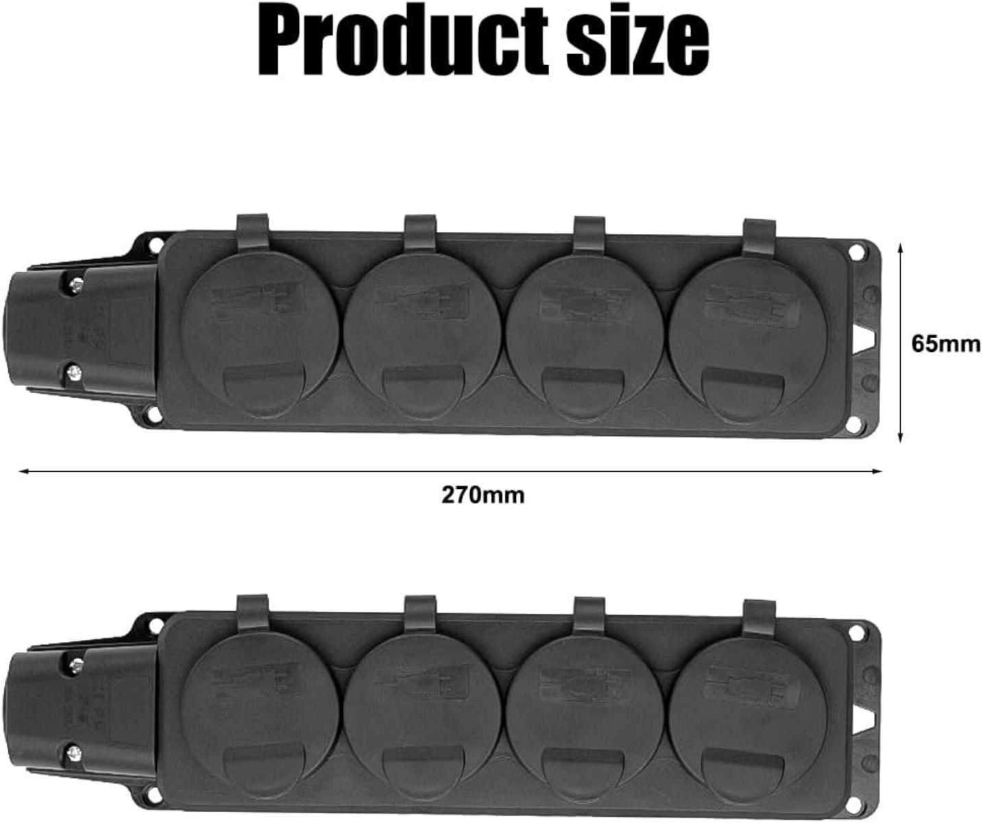 Schwarzer Mehrfachsteckdosenadapter, 270mm lang und 65mm breit, mit vier Steckdosen.
