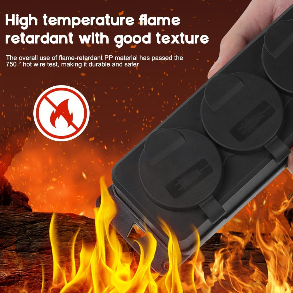 Schwarz-grauer Kasten mit Flammen-Symbol, vor Feuer.