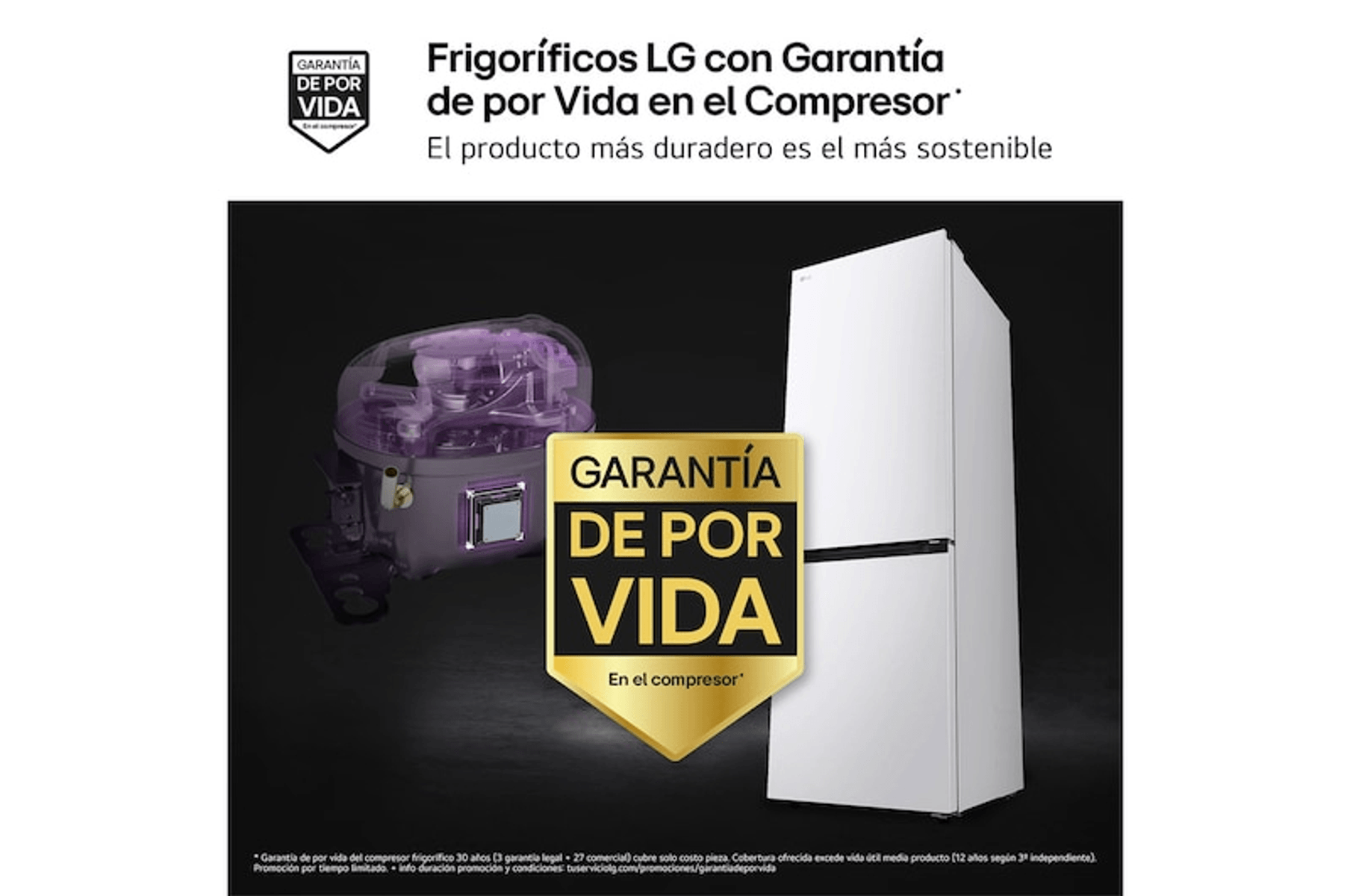 Un frigorífico LG blanco junto a un compresor transparente con logo de garantía de por vida.