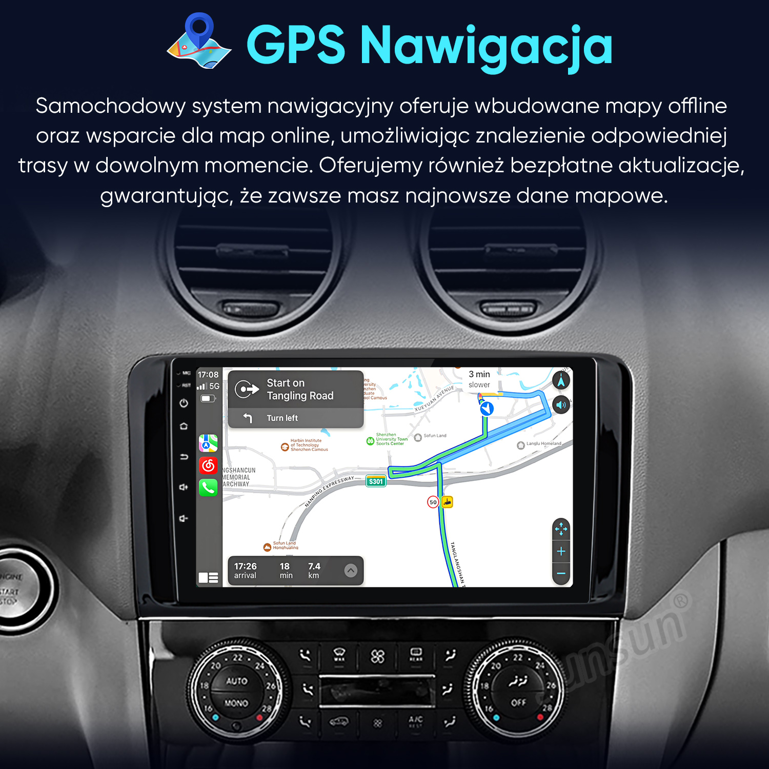 System nawigacji samochodowej pokazujący mapę na ekranie dotykowym.