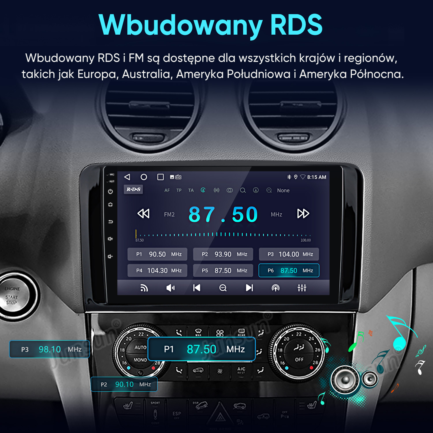 Radio samochodowe z wyświetlaczem RDS pokazuje 87.50 MHz i zapisane stacje.