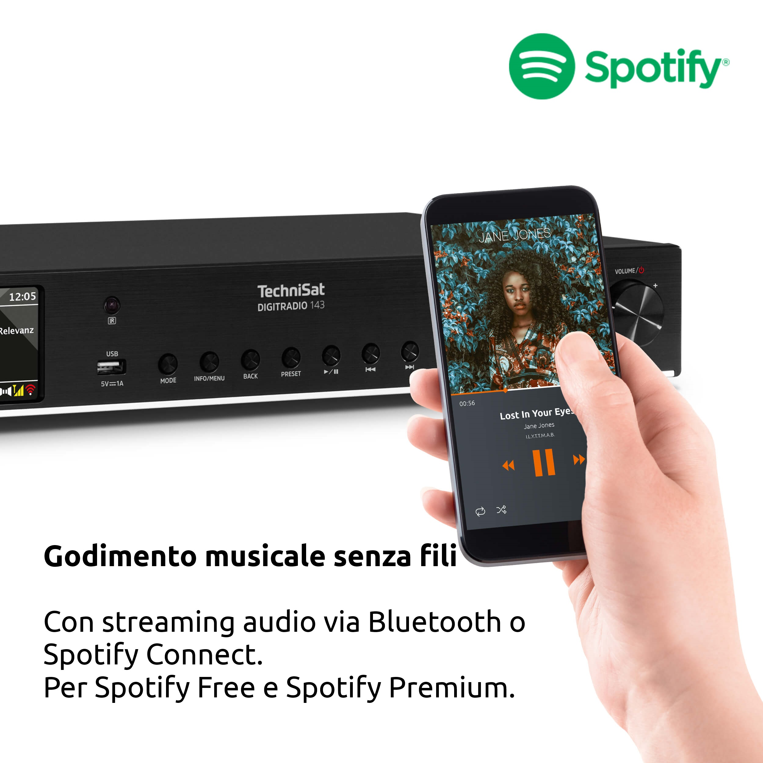 Telefon wyświetla muzykę na TechniSat Digiradio. Logo Spotify.