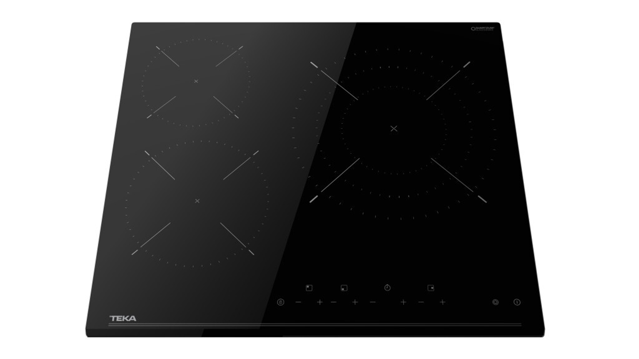Placa de inducción negra con cuatro zonas de cocción y controles táctiles.