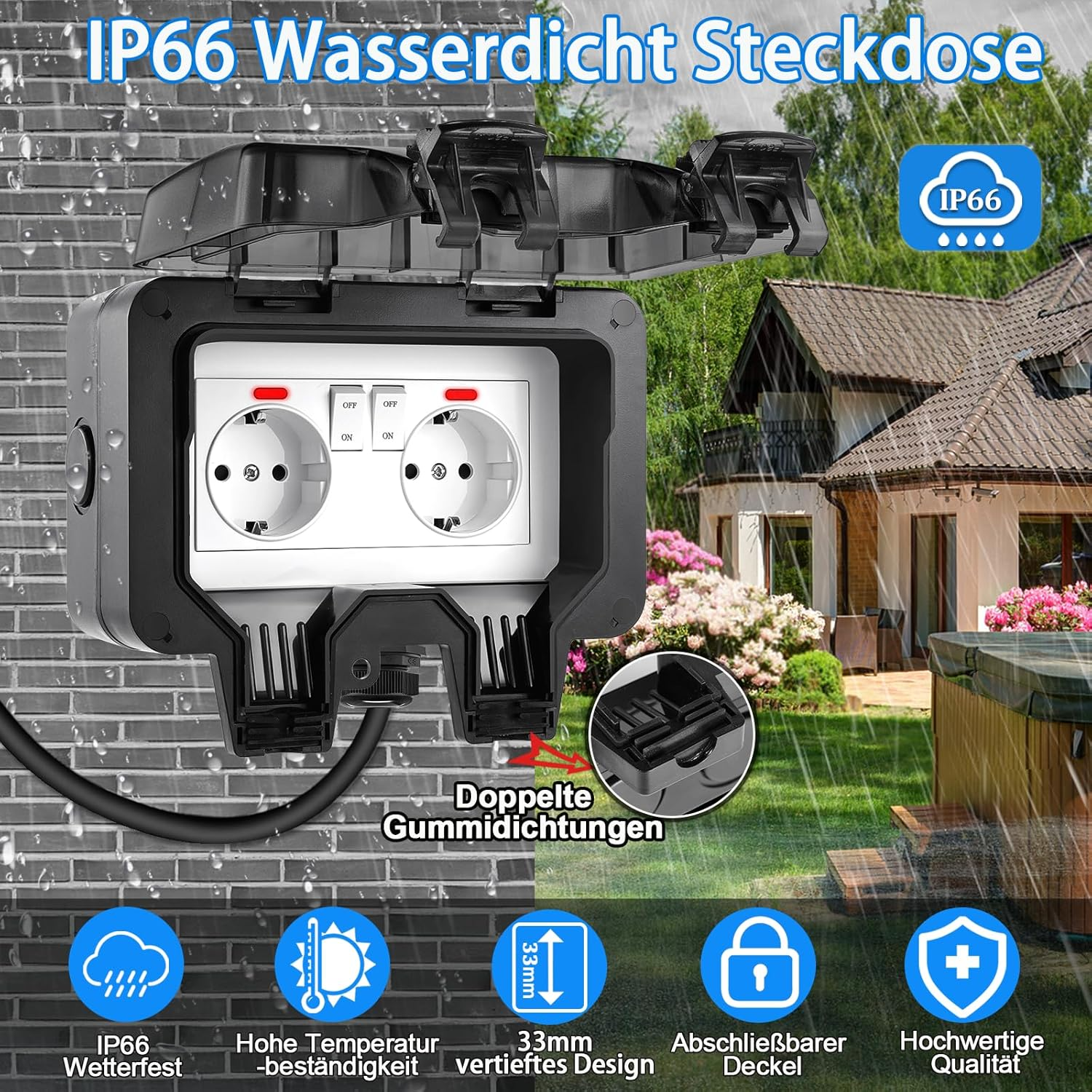 IP66 wasserdichte Steckdose mit zwei Schaltern und Abdeckung, draußen neben einem Haus.
