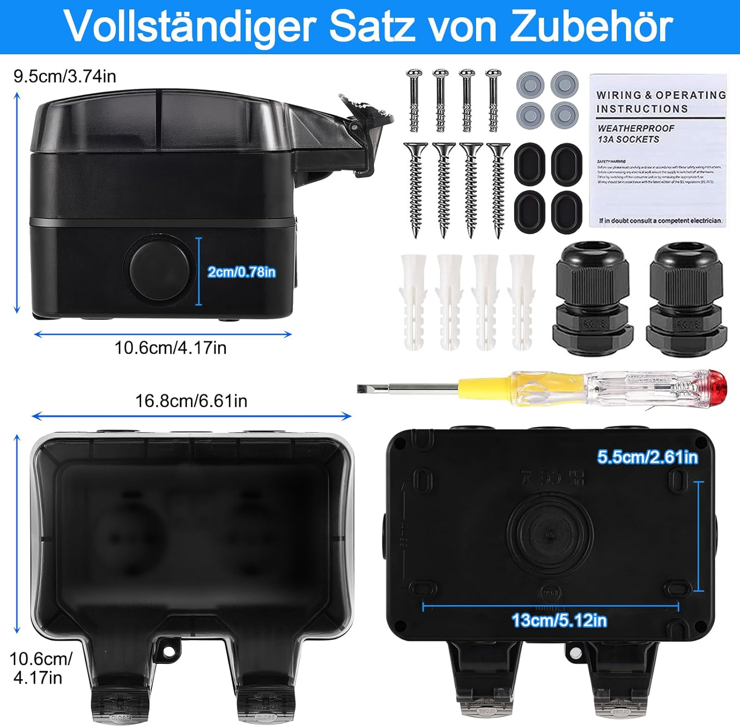 Ein Satz wetterfester Steckdosen mit Zubehör, einschließlich Schrauben, Dübeln und Kabelverschraubungen.