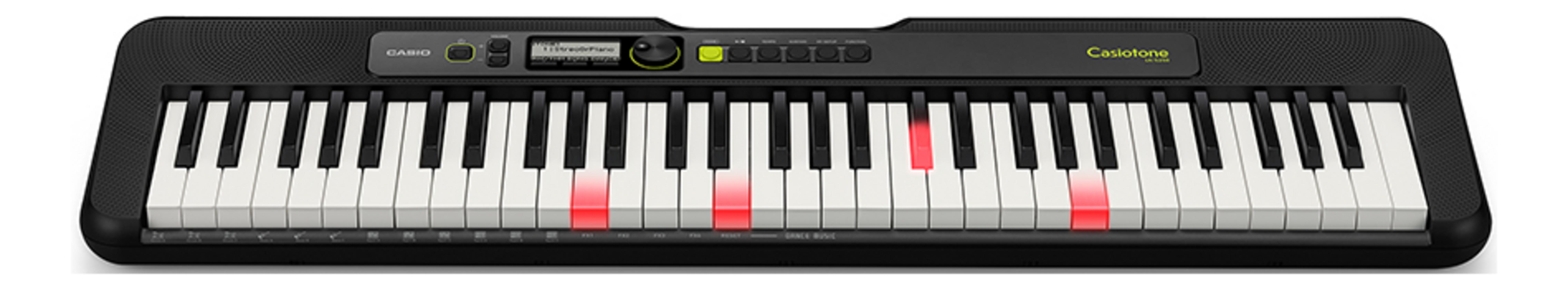 Czarna klawiatura Casio Casetone z podświetlanymi na czerwono klawiszami i kontrolkami.