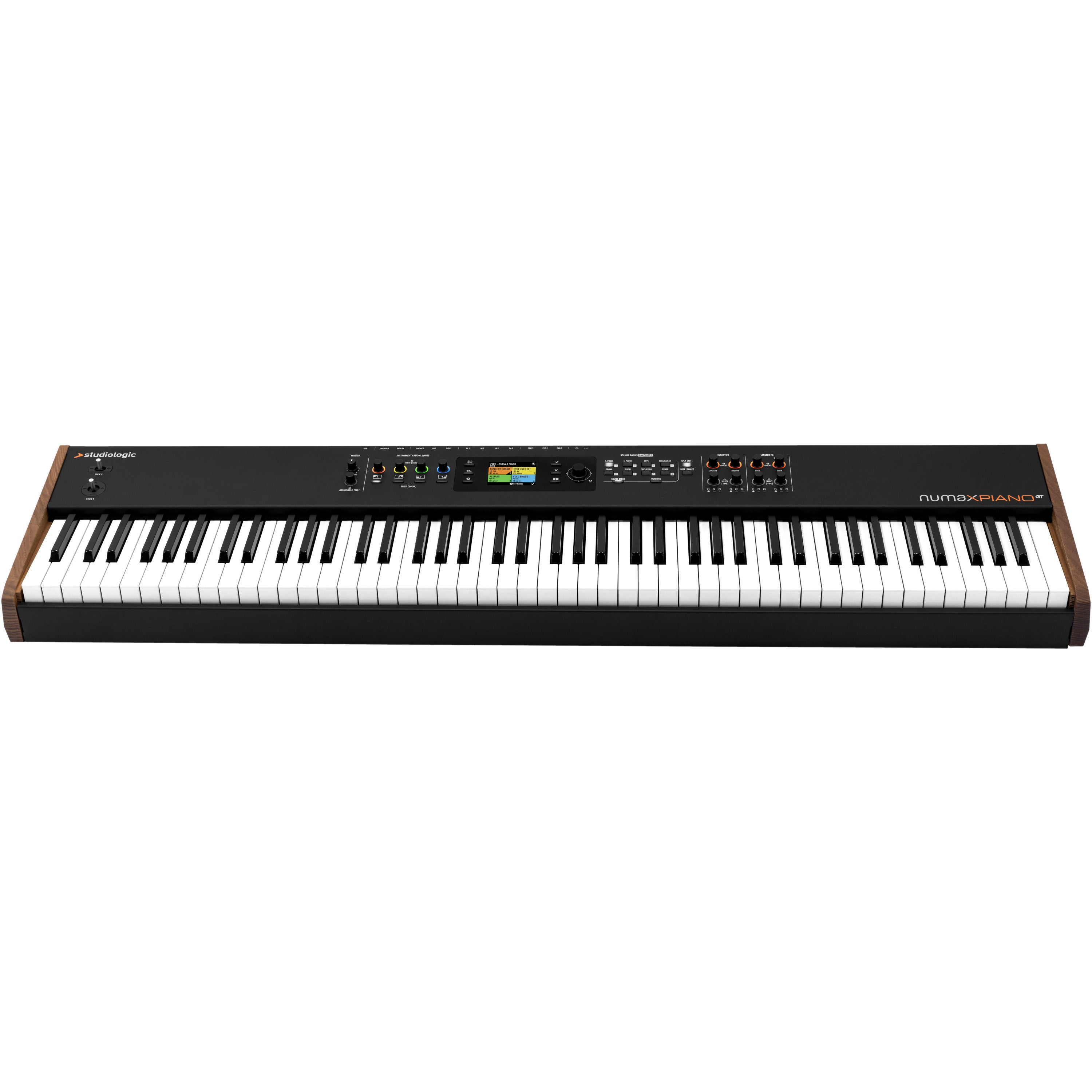 Een zwarte digitale piano met houten zijkanten en vele knoppen.