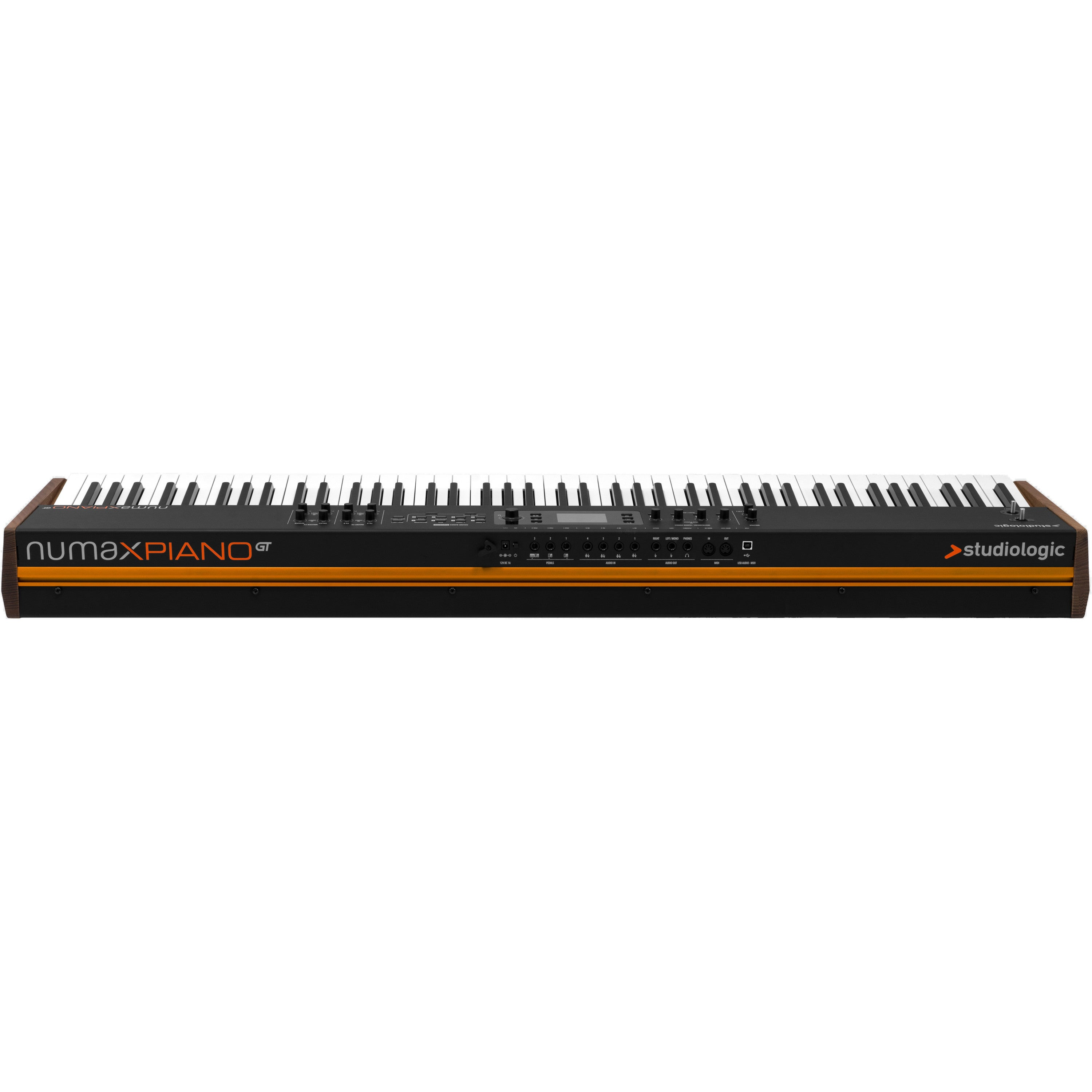 Een zwarte digitale piano met houten randen en oranje accenten.