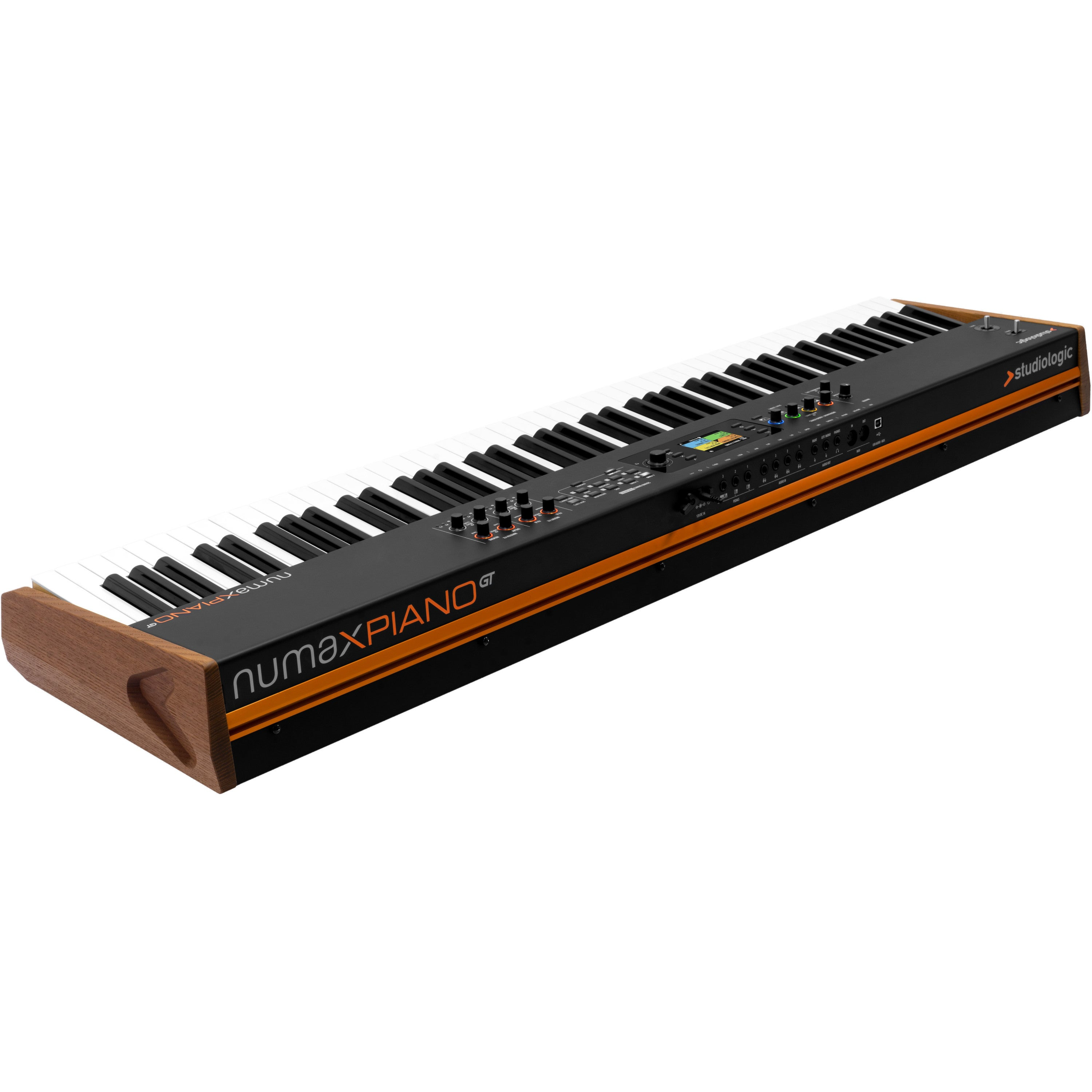 Een zwarte digitale piano met houten zijkanten en oranje accenten.