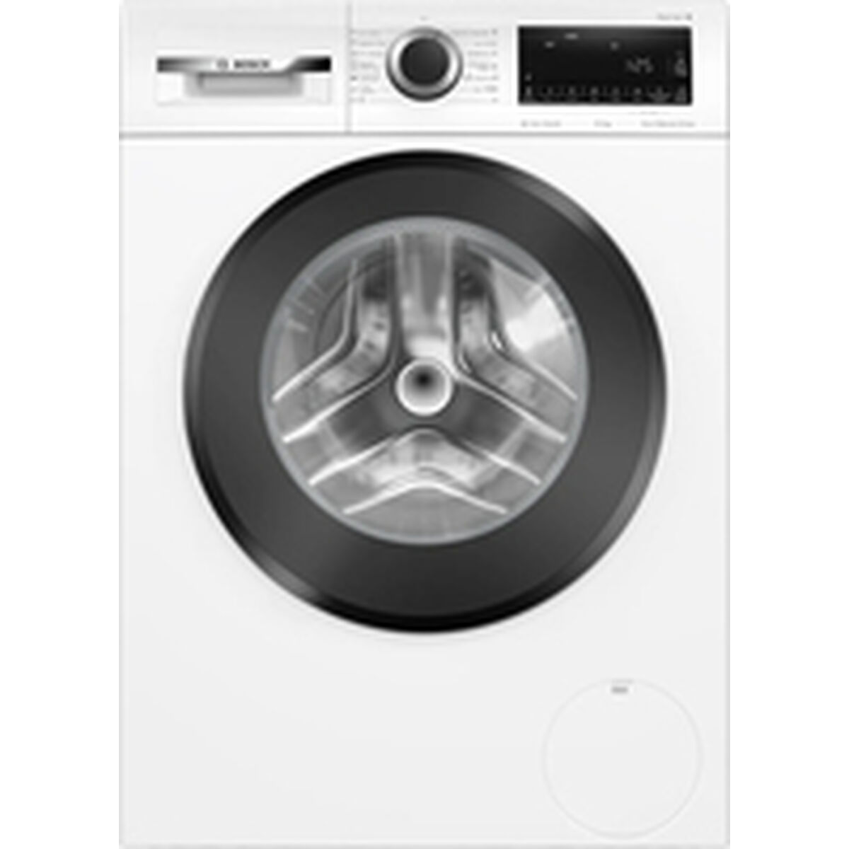 Lavadora blanca Bosch con puerta negra y pantalla digital.
