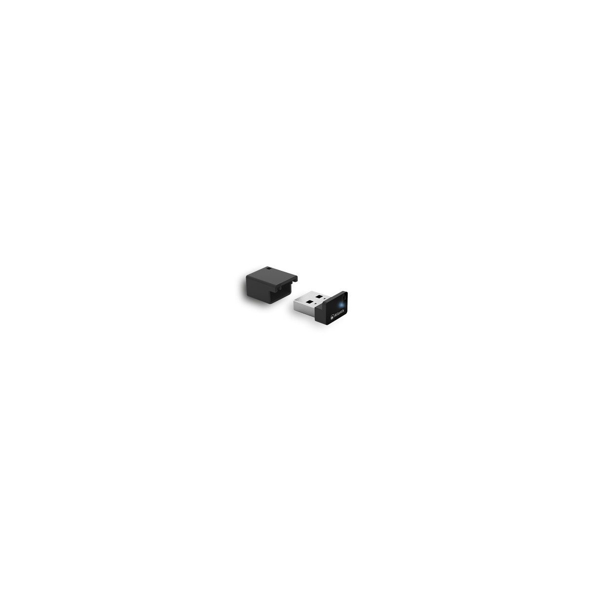 Un dongle USB nero con una luce blu accanto al suo tappo.