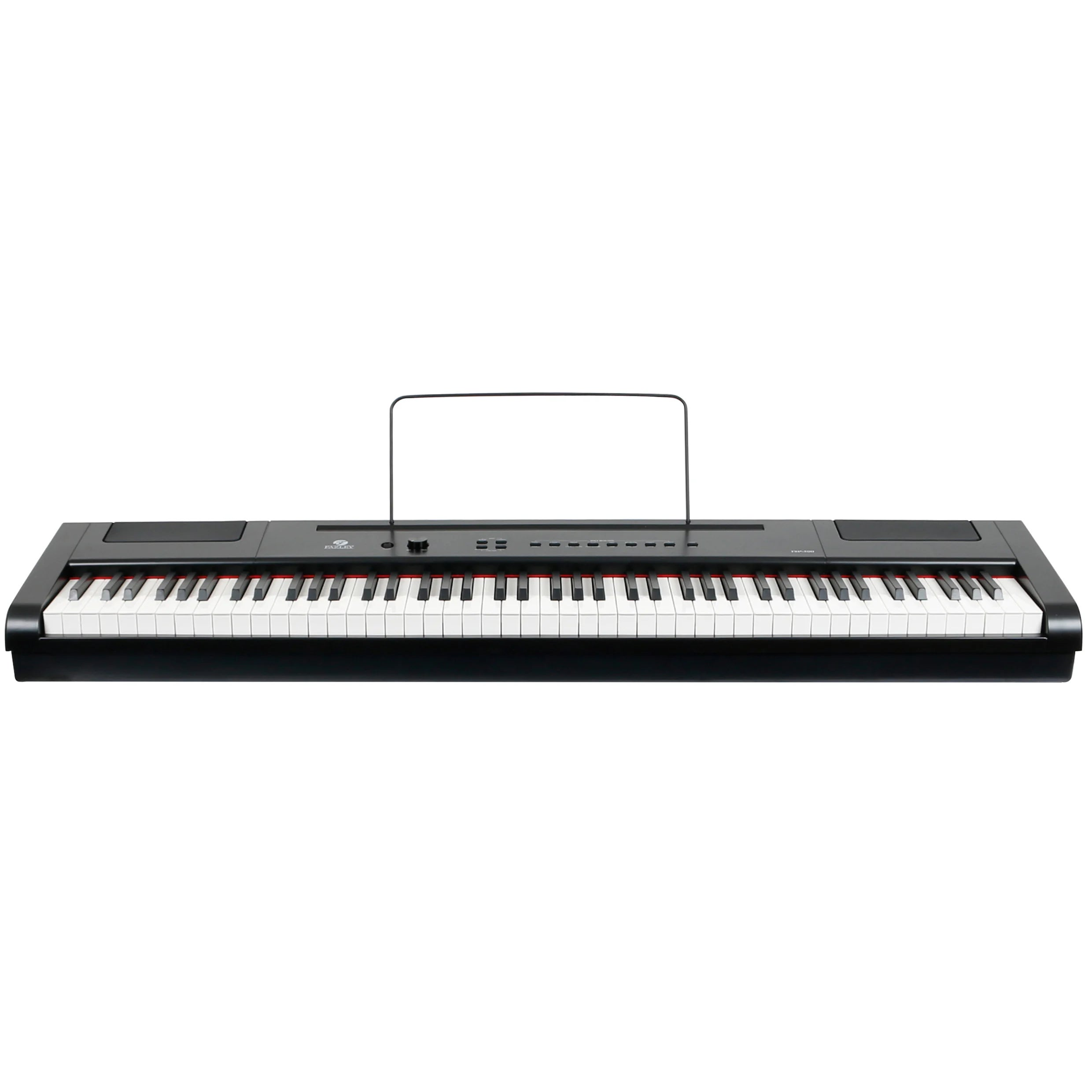 Een zwarte digitale piano met muziekstandaard en witte en zwarte toetsen.
