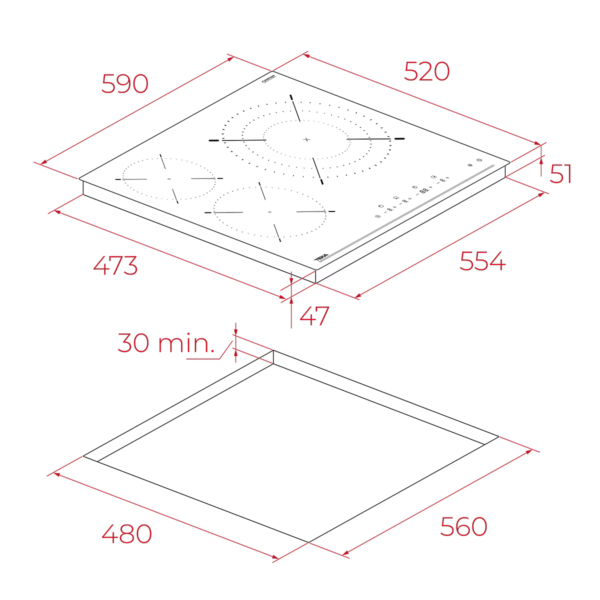 Dibujo técnico de una placa de cocina con dimensiones. Dimensiones exteriores 590x520mm.