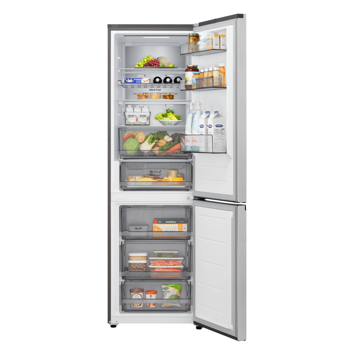 Un refrigerador abierto lleno de comida, frutas, verduras y bebidas.