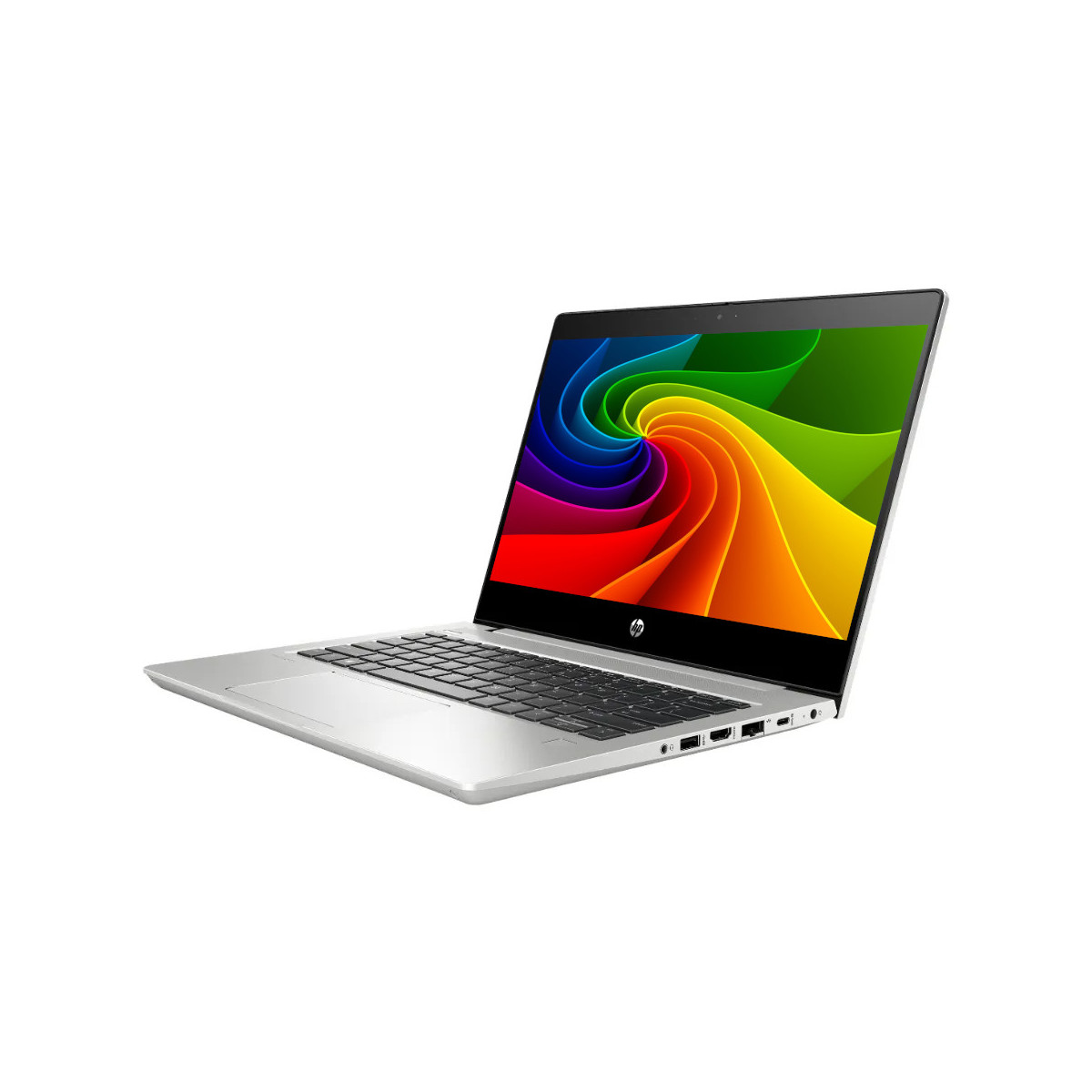 Ein geöffneter silberner Laptop mit einem bunten, wirbelnden Hintergrundbild auf dem Bildschirm.