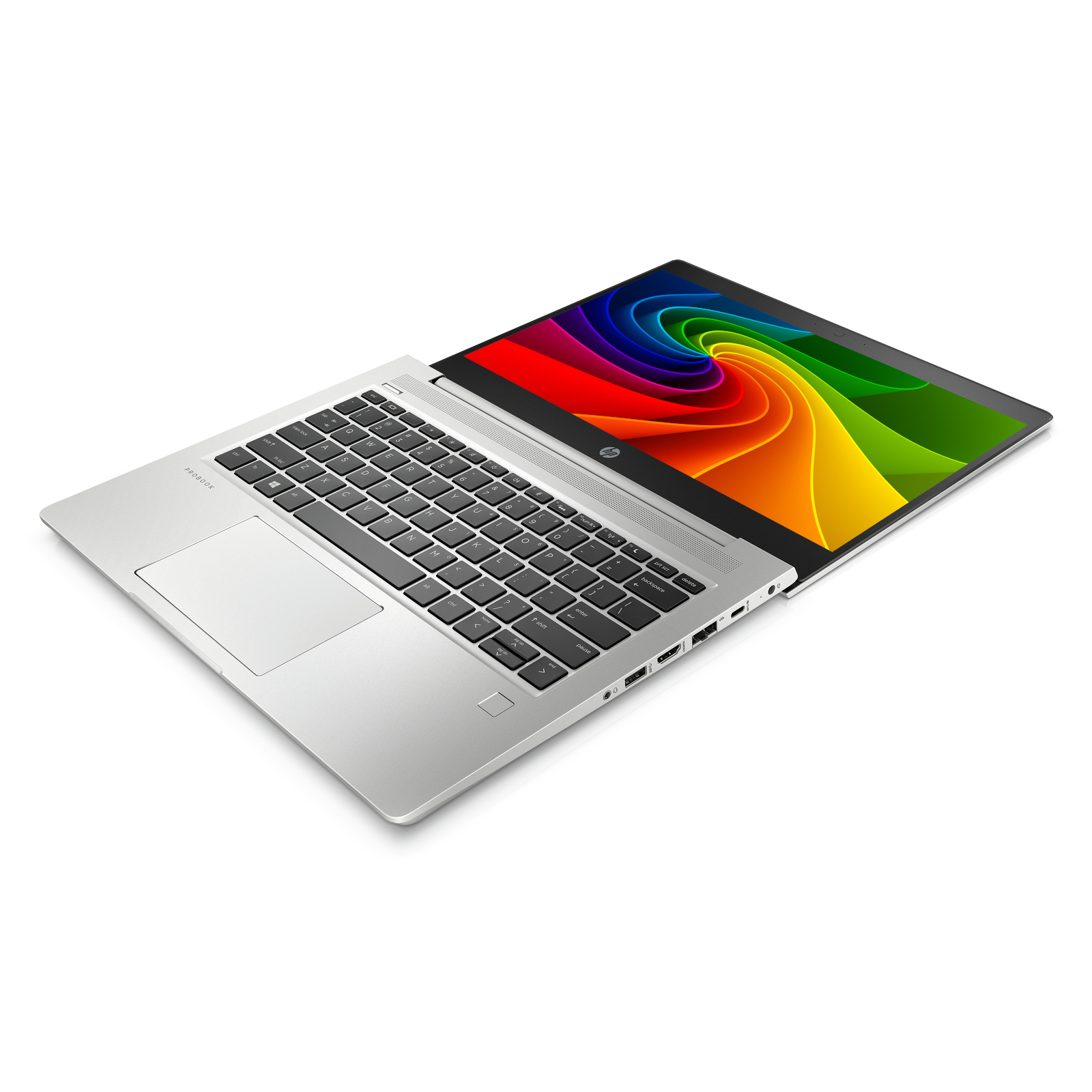 Ein silberner Laptop mit einem bunten Farbwirbel auf dem Bildschirm.