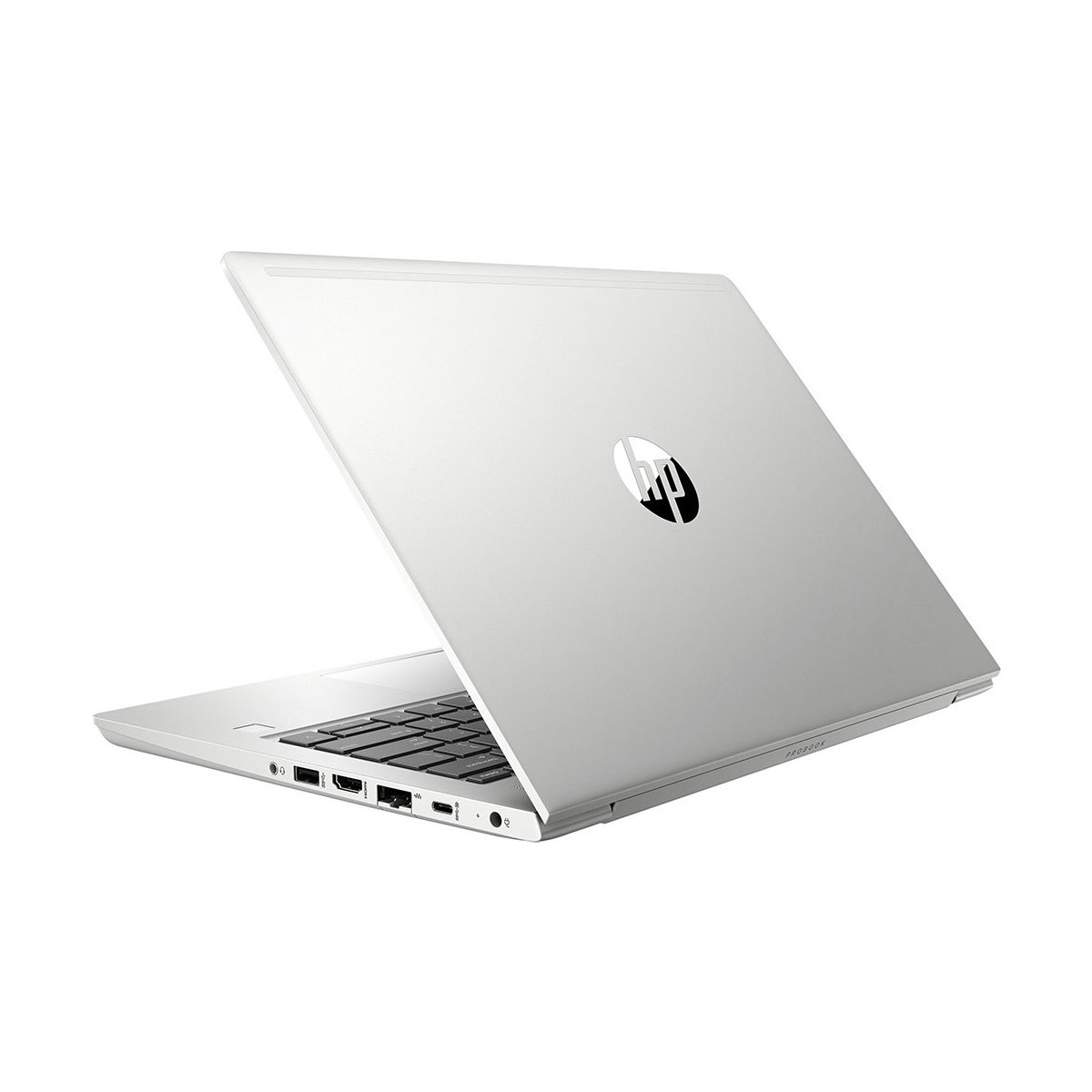 Ein silberner HP ProBook Laptop, geöffnet und angewinkelt, zeigt Tastatur und Anschlüsse.