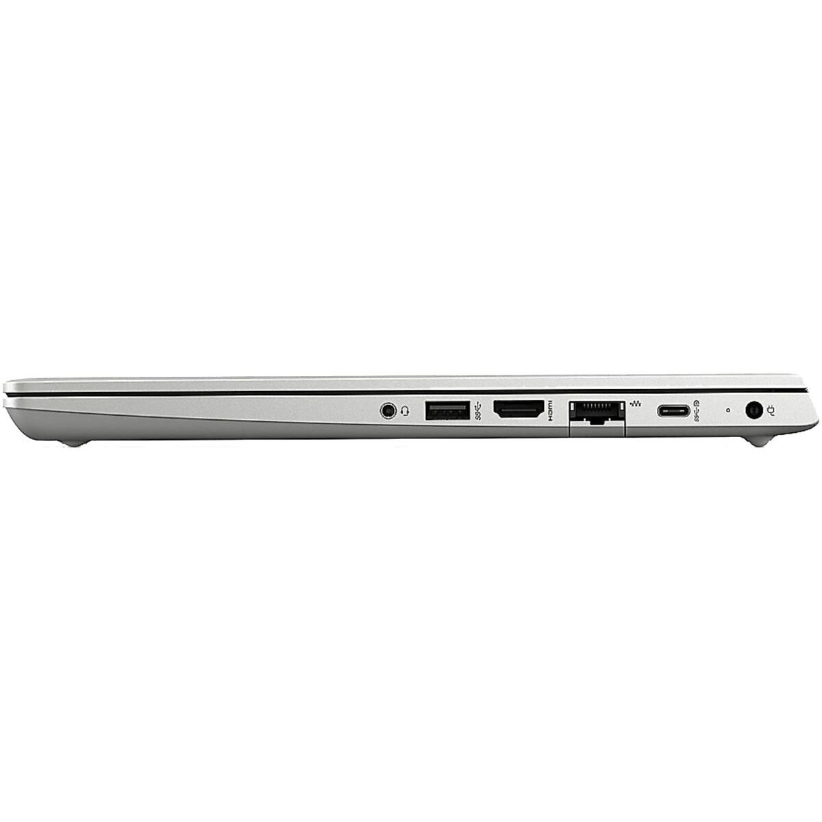 Seite eines silbernen Laptops mit Anschlüssen: Kopfhörer, USB-A, HDMI, Ethernet, USB-C.