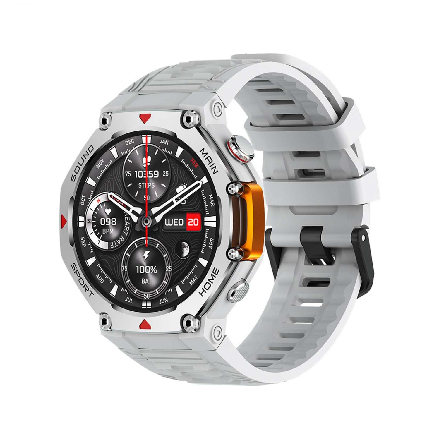 Eine weiße Smartwatch mit schwarzem Zifferblatt, Herzfrequenz- und Schrittanzeige.
