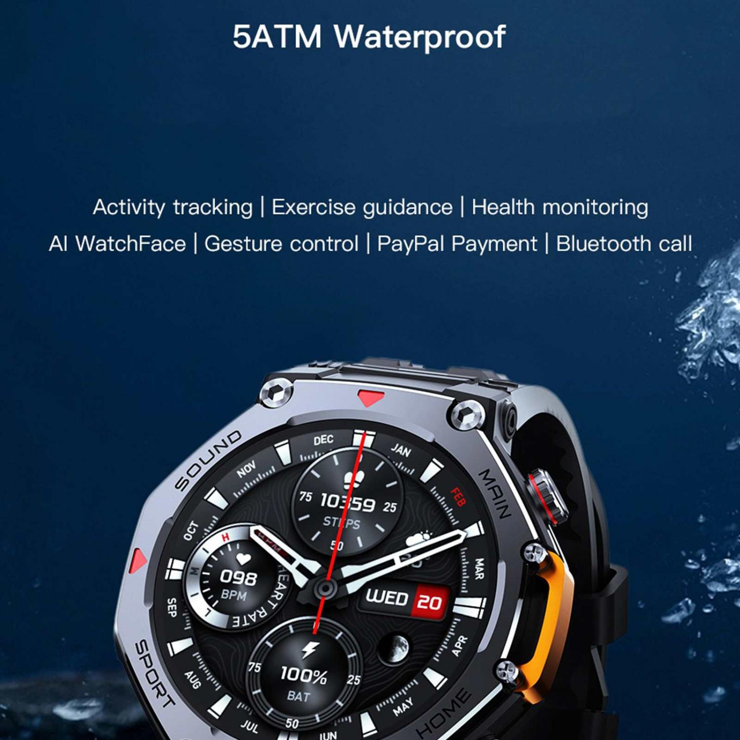 Nahaufnahme einer Smartwatch mit schwarzem Zifferblatt, die Herzfrequenz, Schritte und Akku anzeigt.