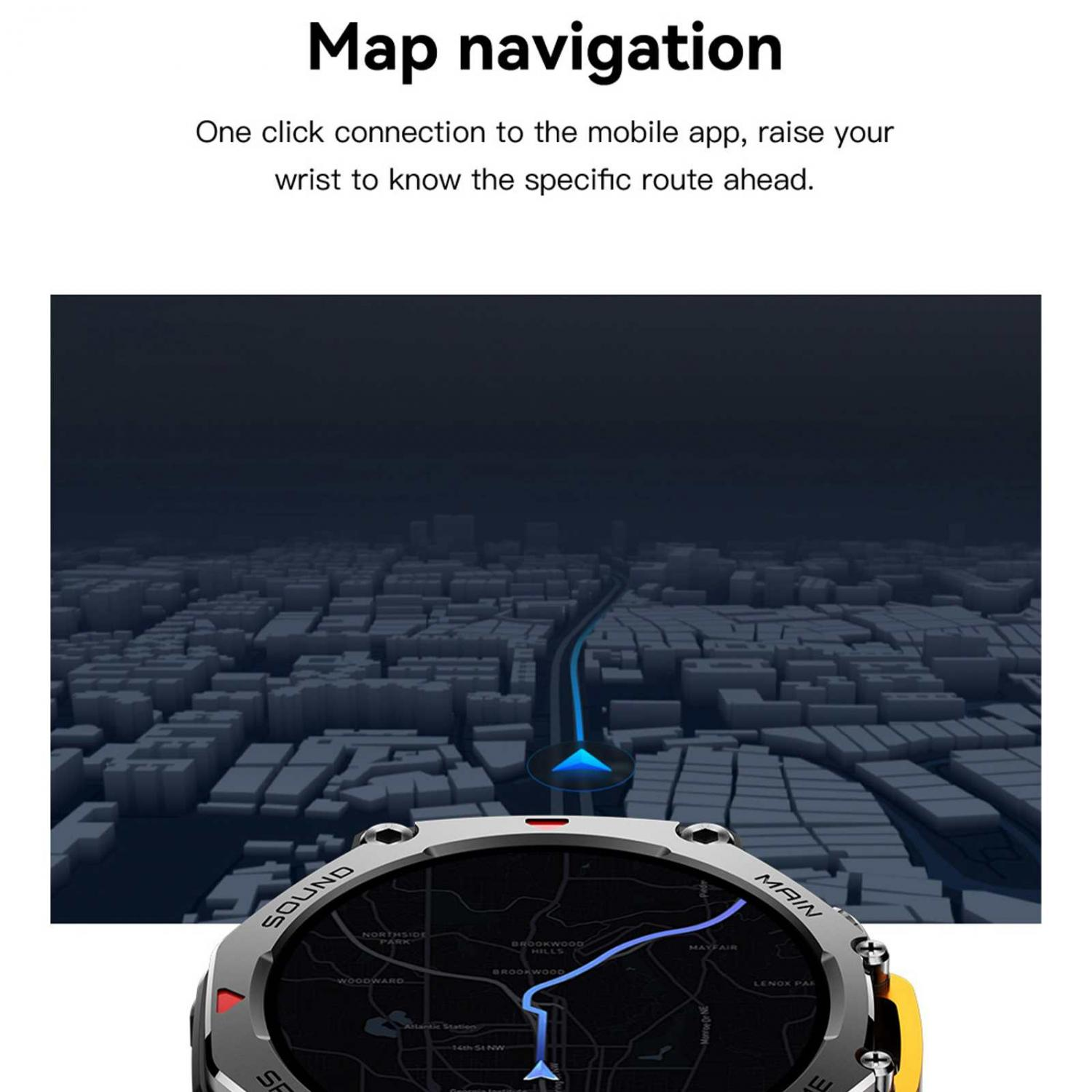 Eine Smartwatch zeigt eine 3D-Stadtkarte mit einer blauen Route.