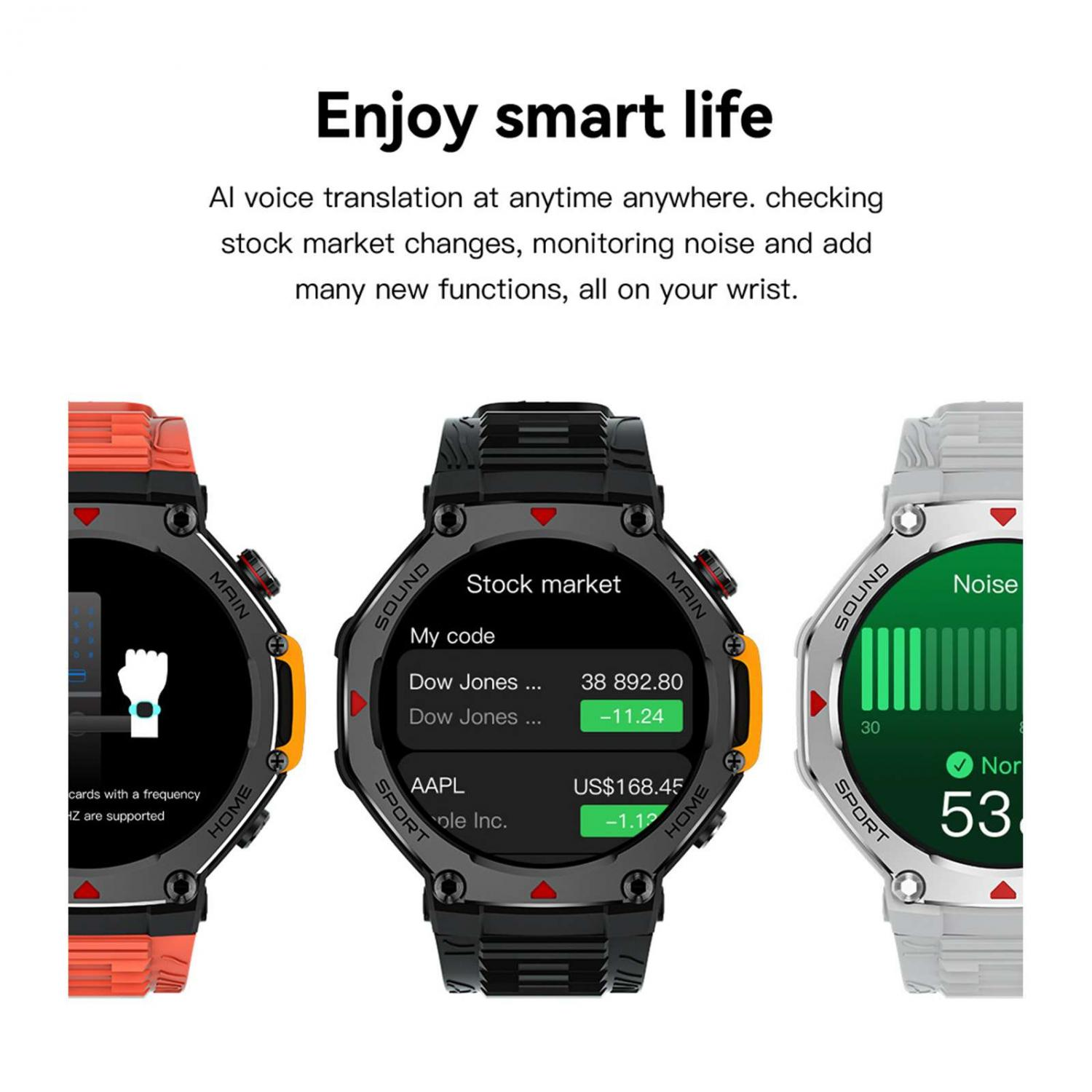 Drei Smartwatches: eine orange, eine schwarz mit Börsendaten, eine weiß mit Lärmpegel.
