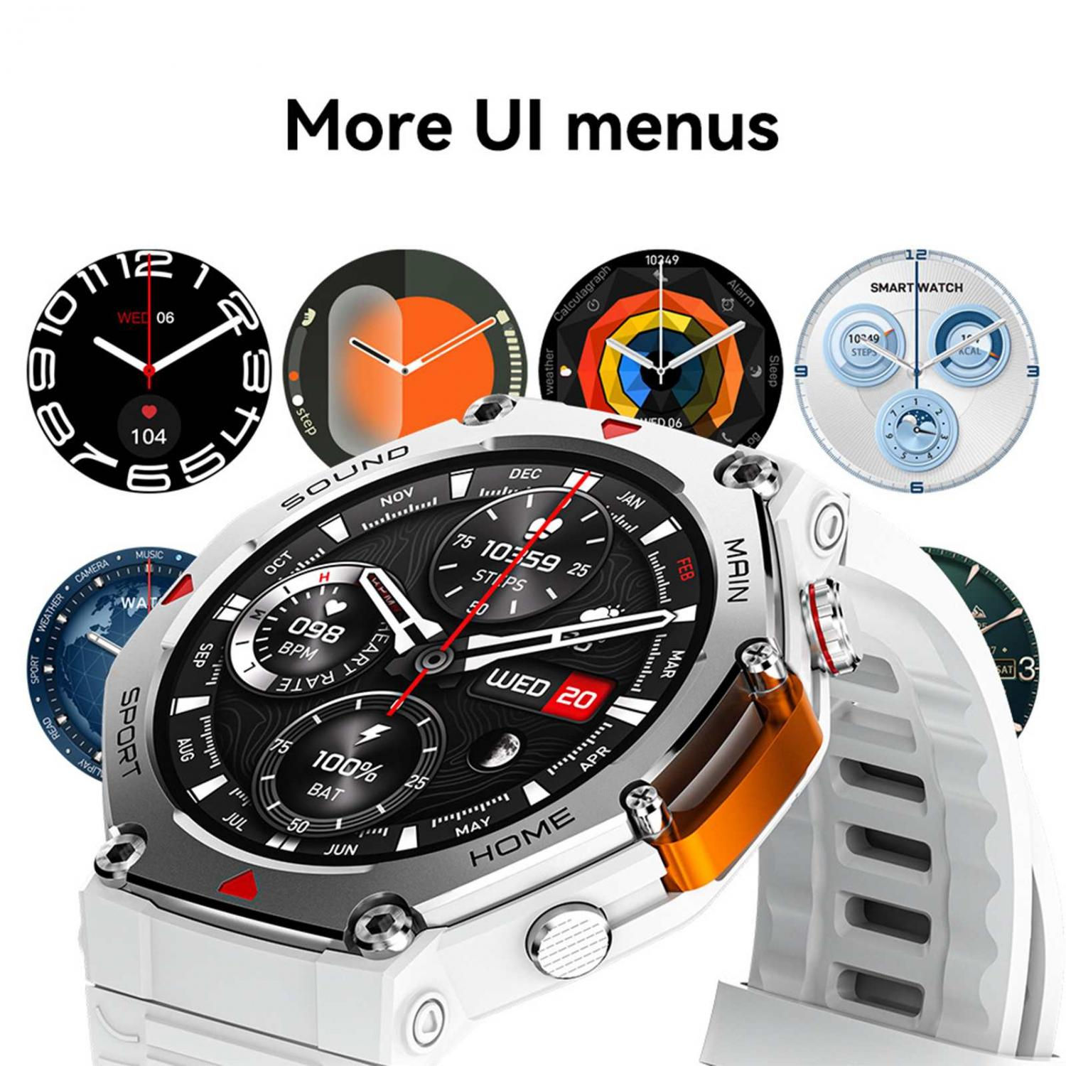 Mehrere Smartwatch-Zifferblätter und Benutzeroberflächen werden gezeigt.