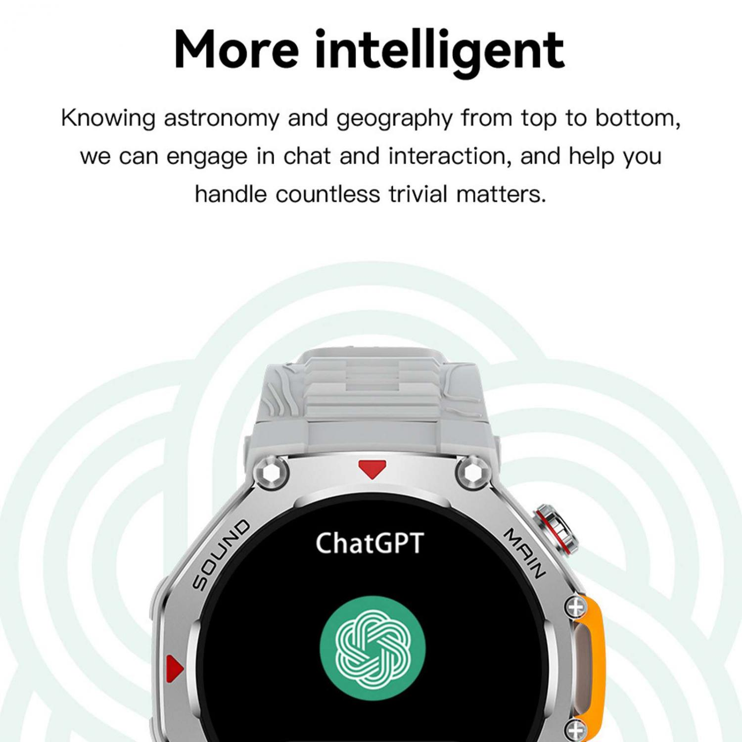 Eine silberne Smartwatch mit dem ChatGPT-Logo auf dem dunklen Bildschirm.