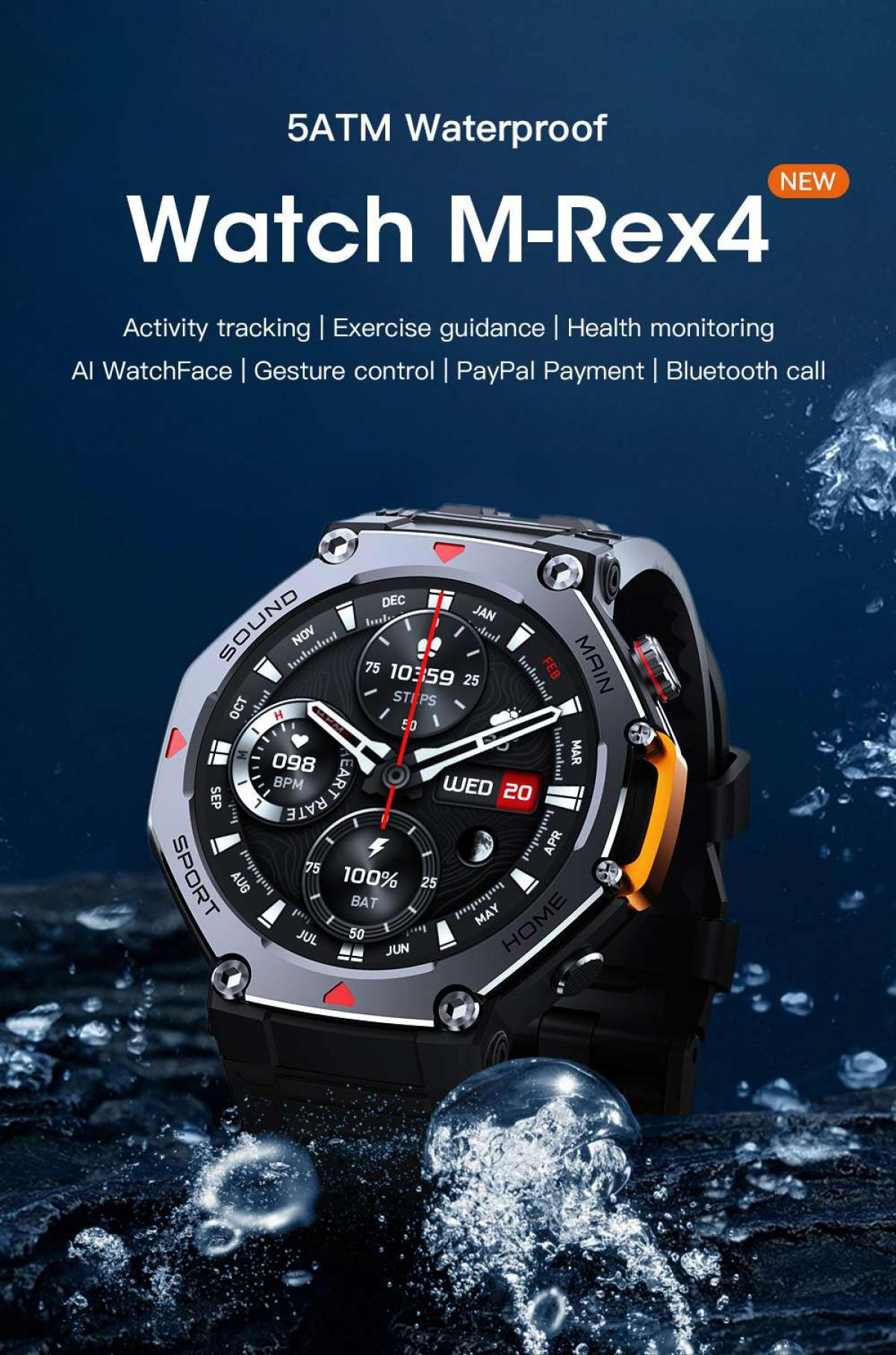 Ein silberner und schwarzer Smartwatch mit orangefarbenen Akzenten, der auf einem dunklen Hintergrund mit Wasserblasen liegt.