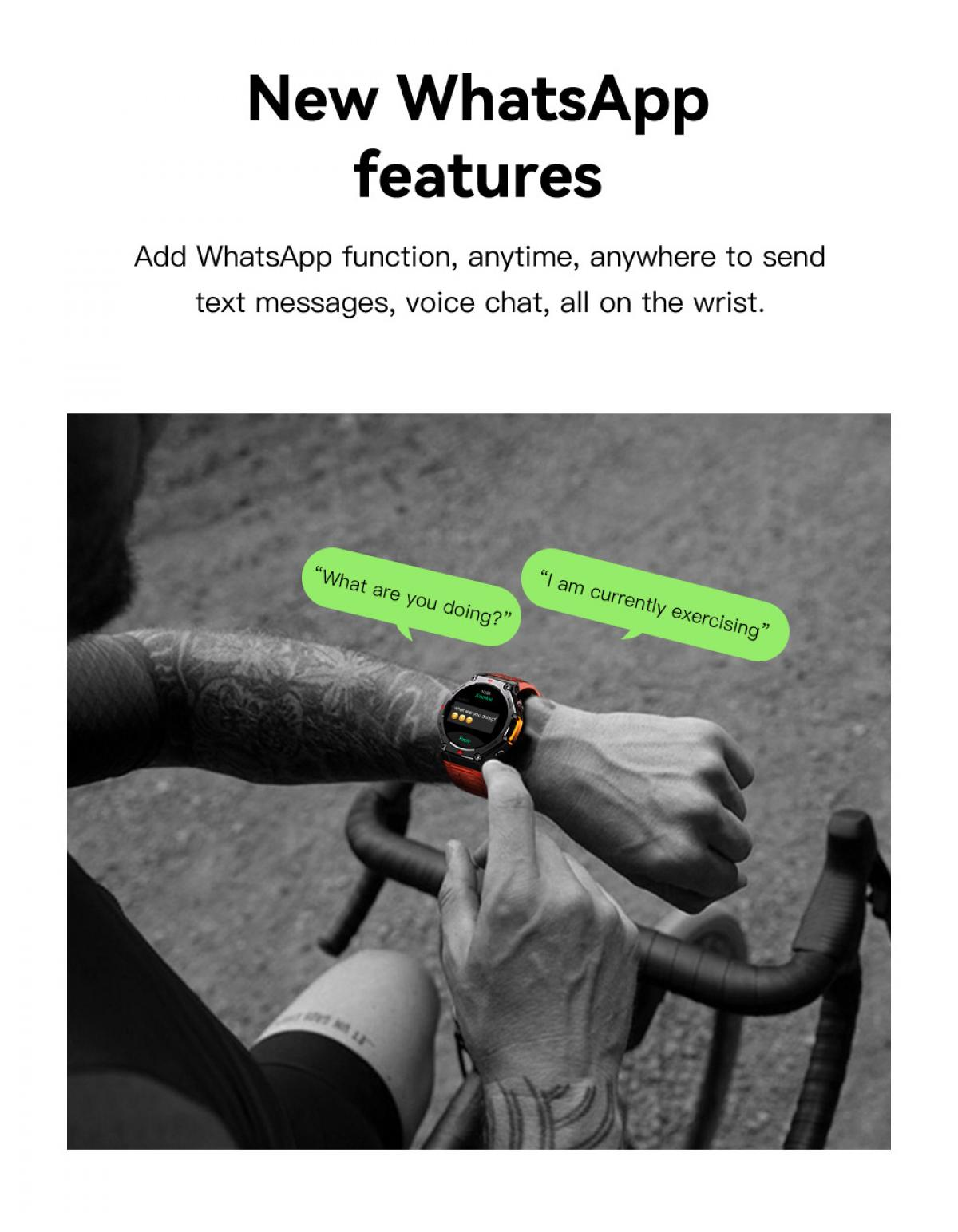 Person am Fahrrad mit Smartwatch, zeigt WhatsApp-Nachrichten an.