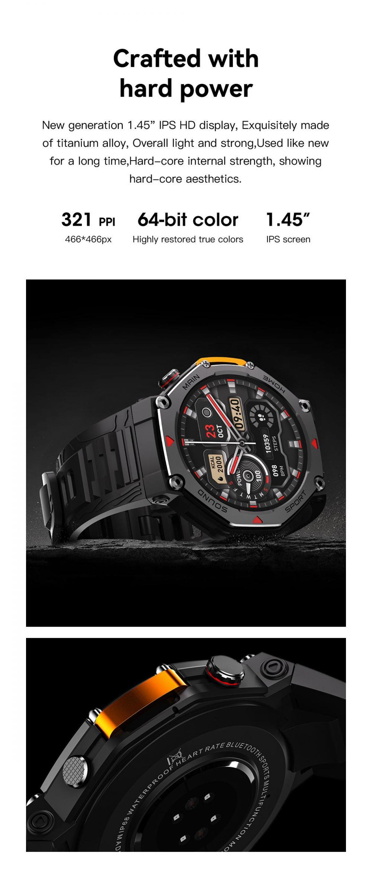 Ein schwarzes Smartwatch-Display zeigt Uhrzeit, Datum und Schritte an. Das Armband ist detailreich.