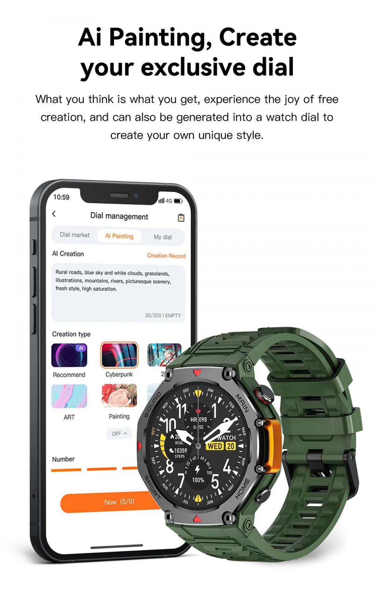 Grüne Smartwatch mit Touchscreen-Telefon, das KI-gestützte Zifferblätter erstellt.
