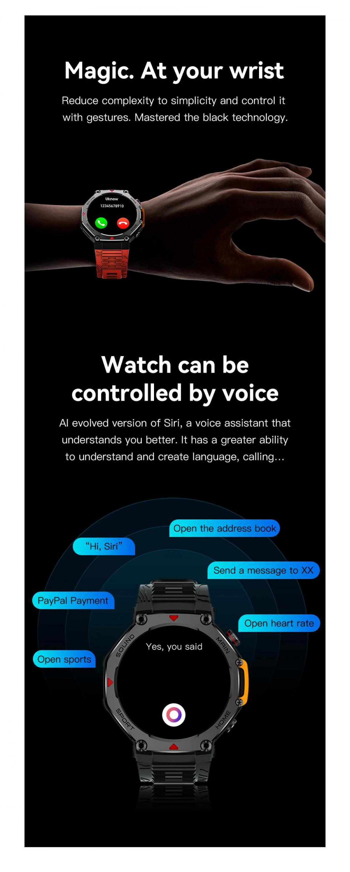 Eine Hand trägt eine Smartwatch mit einem roten Armband. Sprachbefehle werden angezeigt.