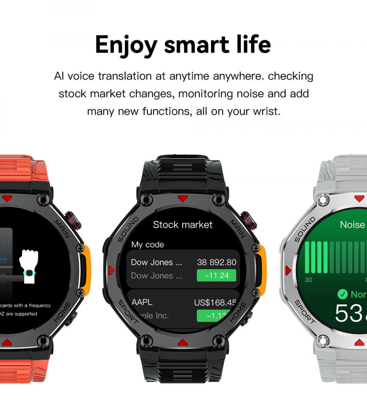 Drei Smartwatches: eine mit rotem Armband, eine mit schwarzem Armband (Börsenkurs) und eine mit weißem Armband (Geräuschpegel).