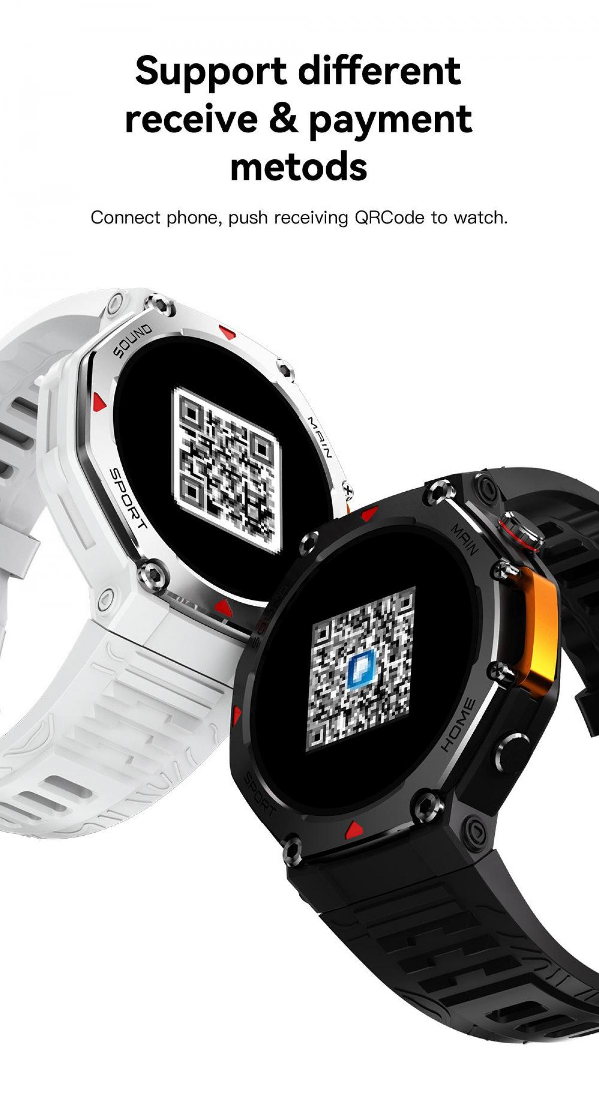 Zwei Smartwatches mit QR-Codes auf den Displays. Eine ist weiß, die andere schwarz.
