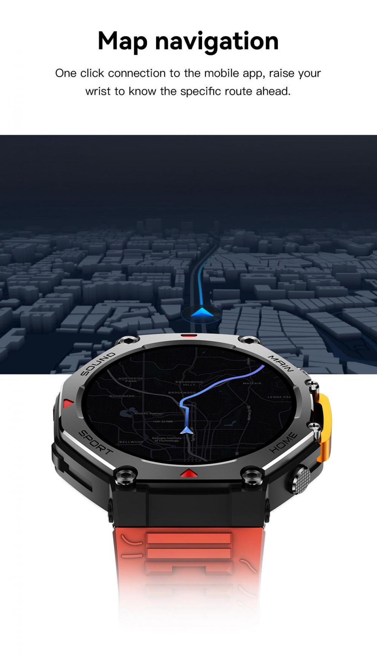 Smartwatch zeigt eine Karten-Navigation mit einer Route über eine Stadt.