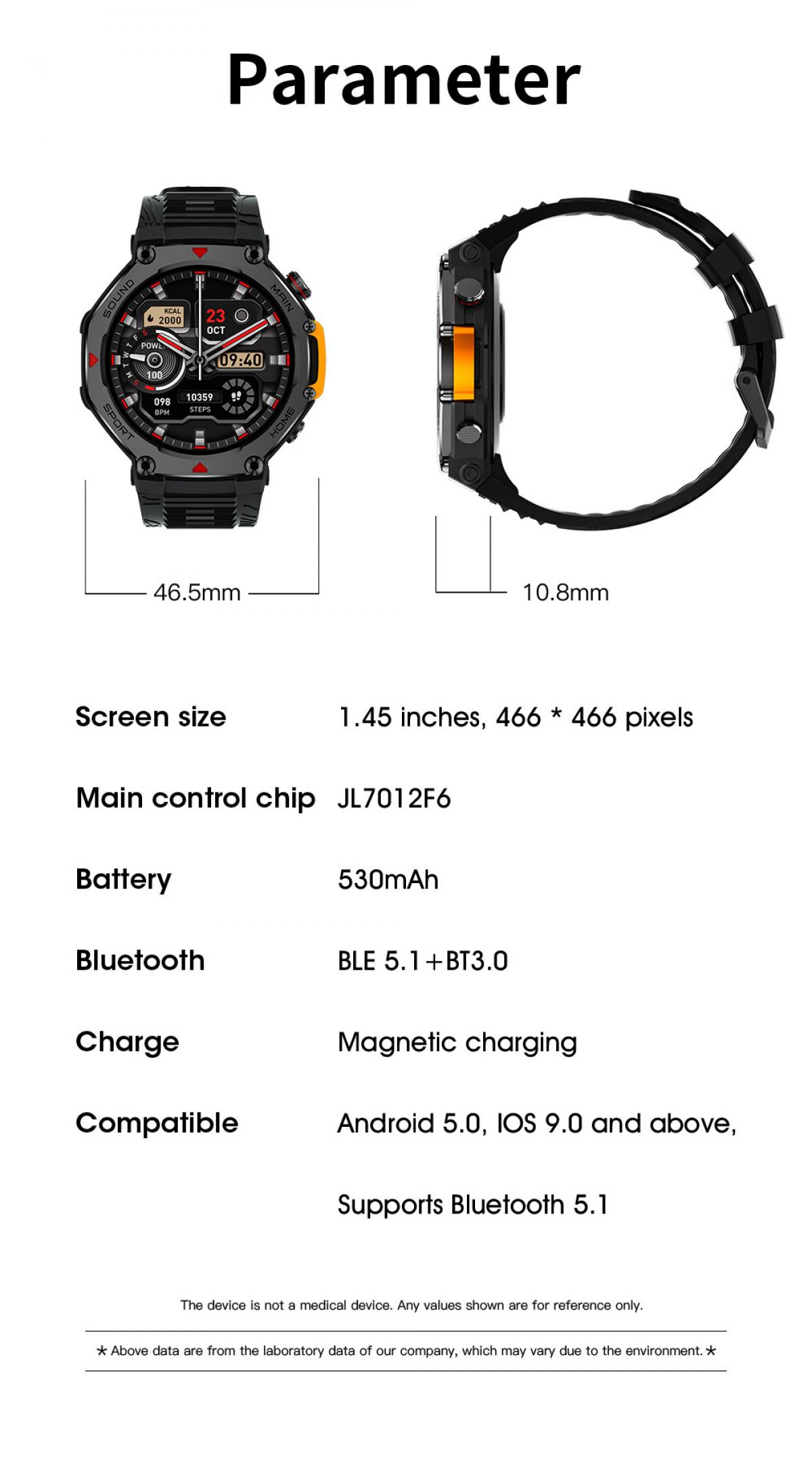 Seite mit Parametern: Smartwatch (46,5 mm breit, 10,8 mm dick) mit Details.