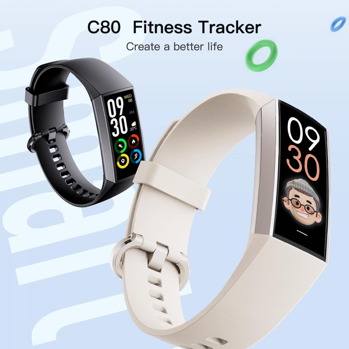 Zwei Fitness-Tracker, einer schwarz, einer beige. Einer zeigt Zeit und Symbole.